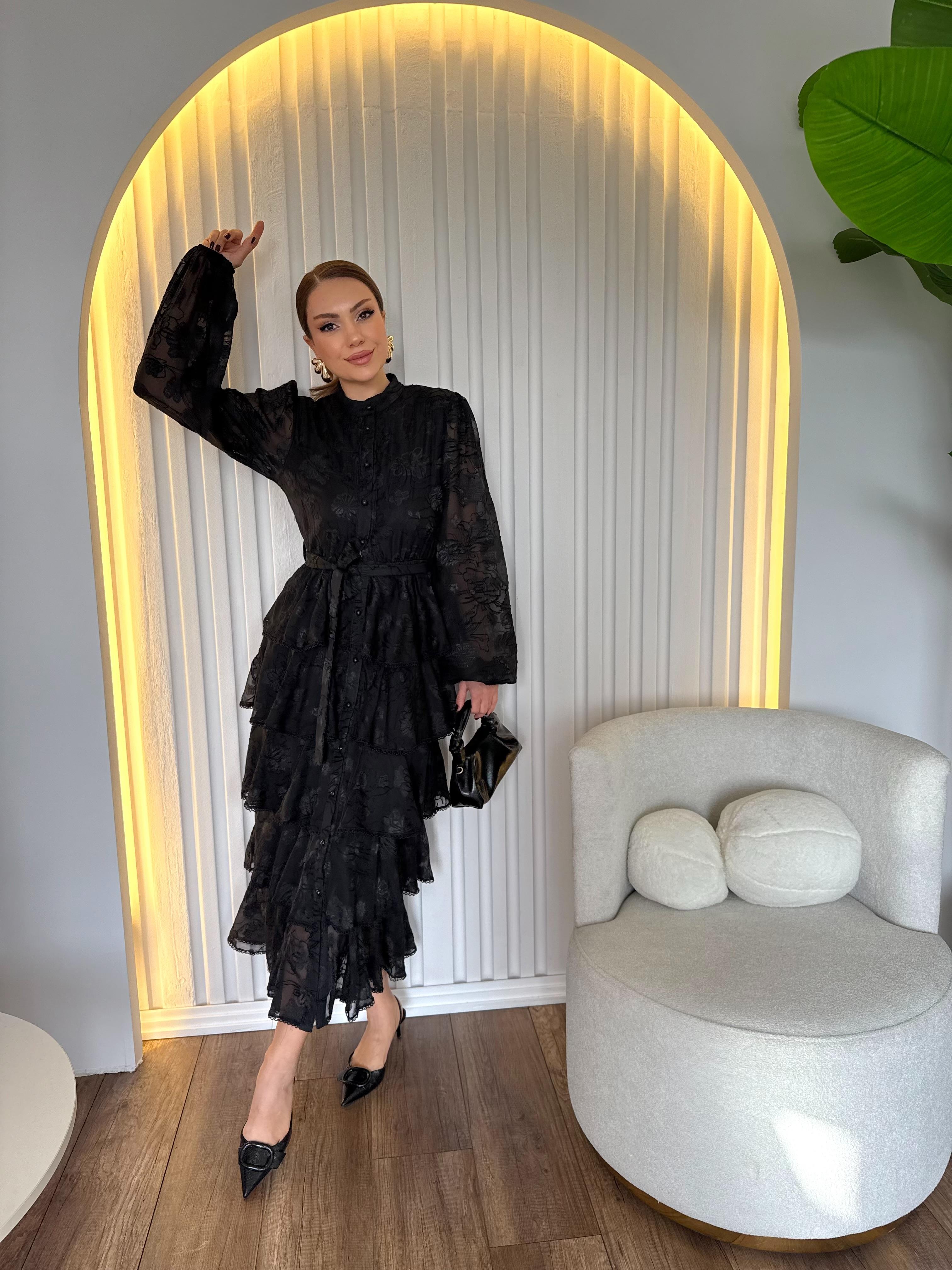 11109 Volanlı Şeritli Maxi Elbise