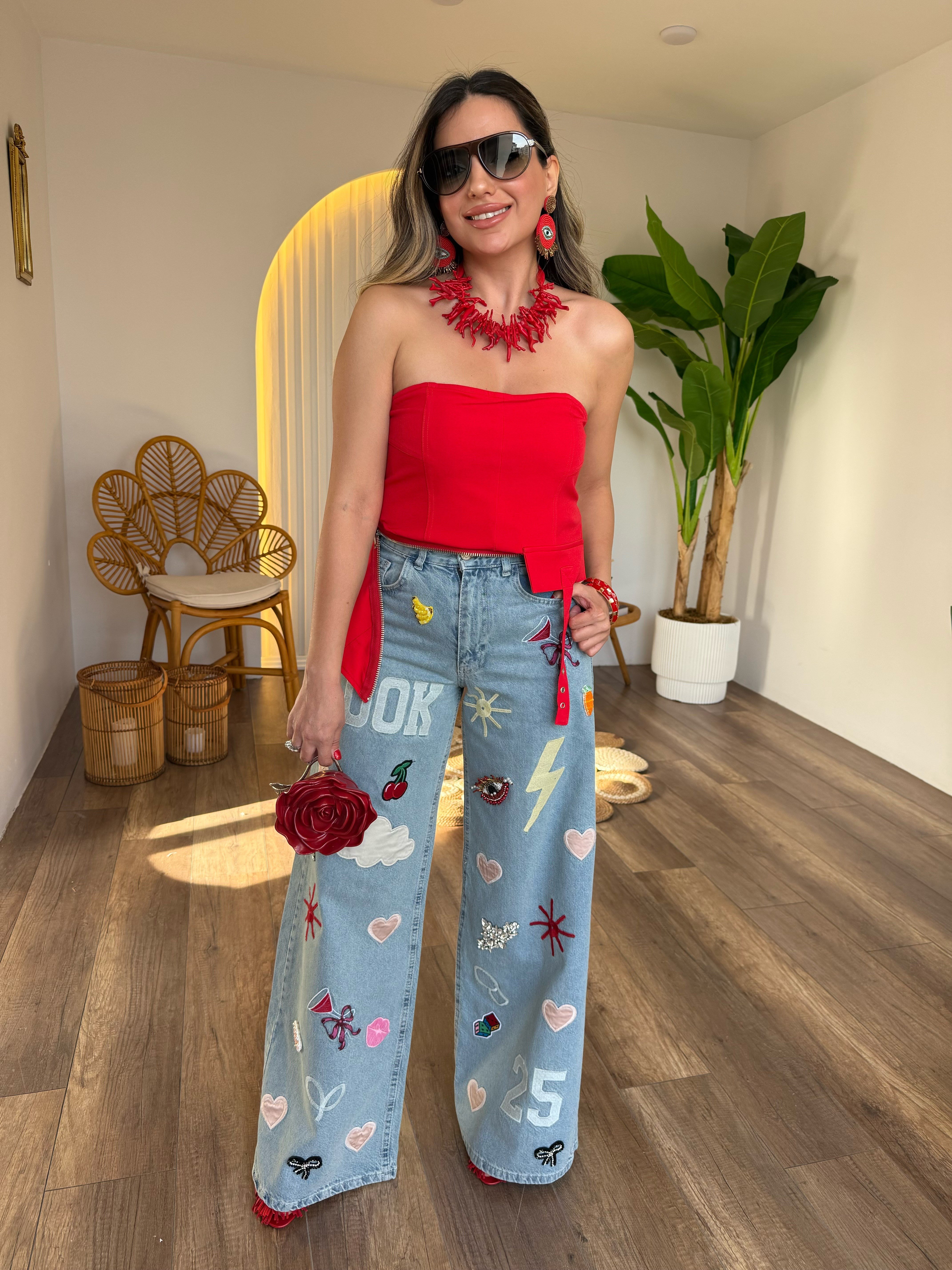 11338 İşleme Punch Detaylı Tasarım Palazzo Jean