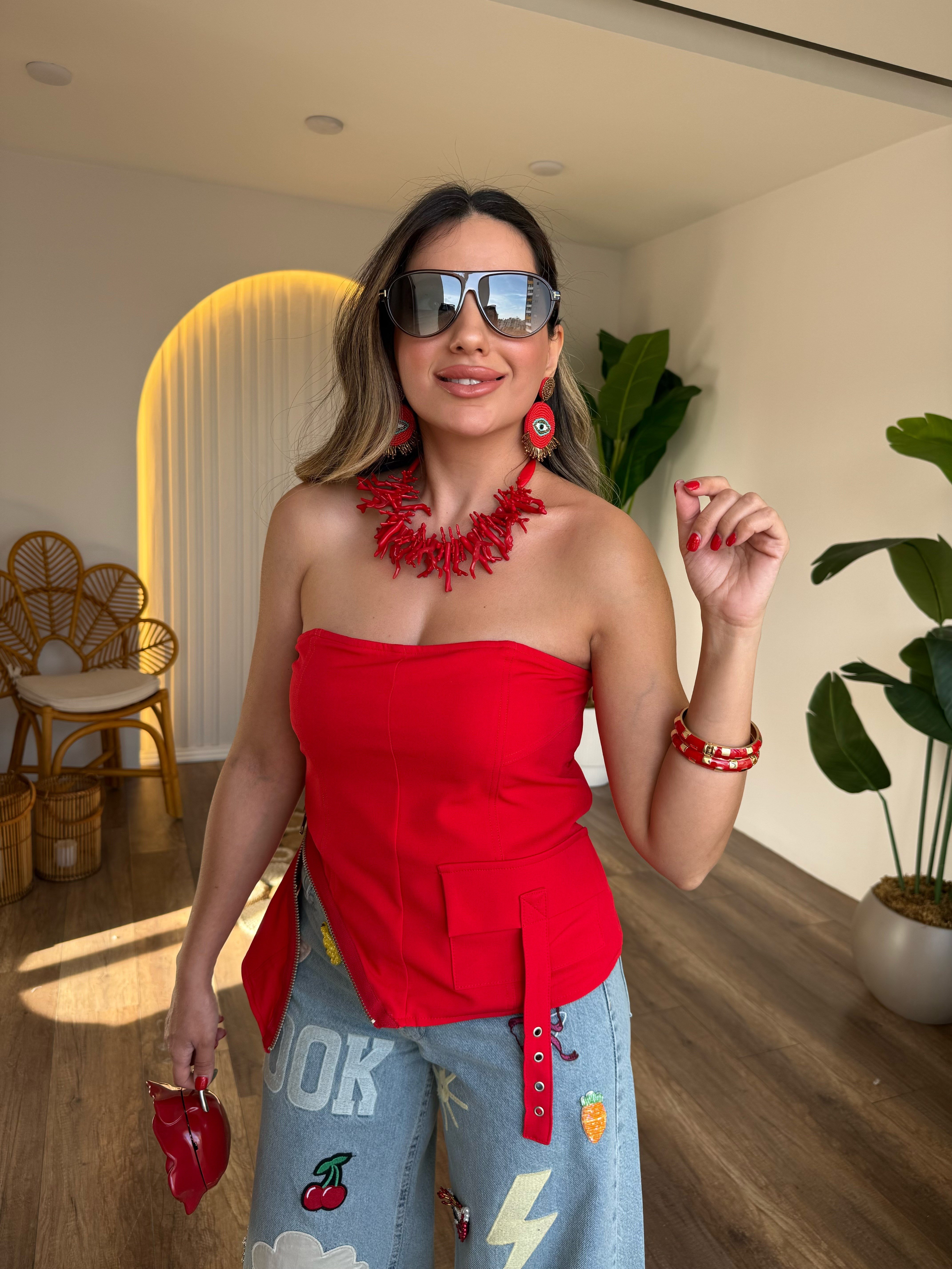 11409 Fermuar Detaylı Straplez Bluz