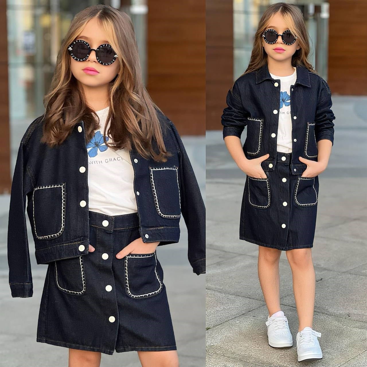 11415 Kids Nakış Cepli Koyu Denim Takım 3-4/9-10 Yaş