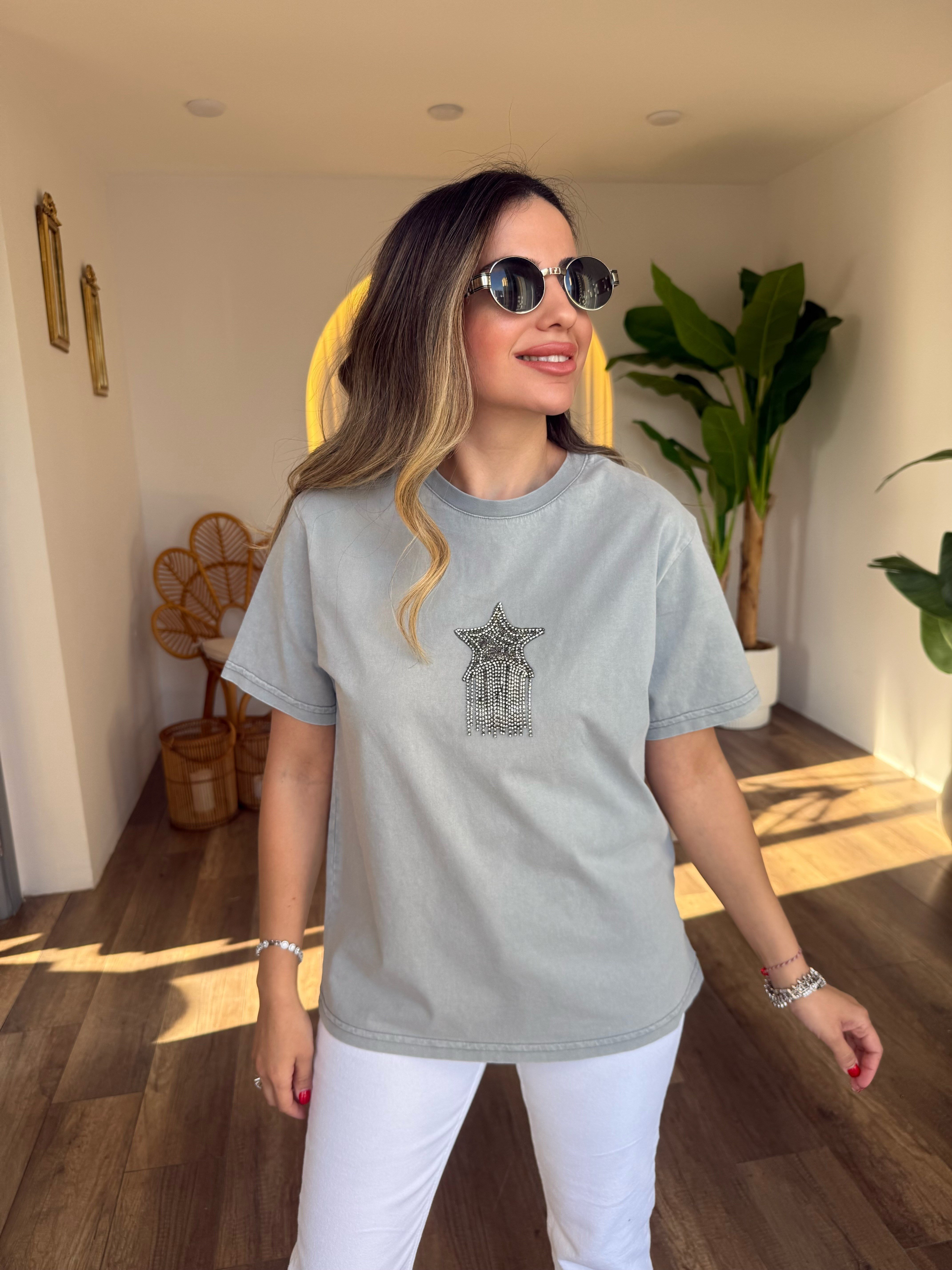 11416 Önü Sallama Yıldız Taşlı Tshirt