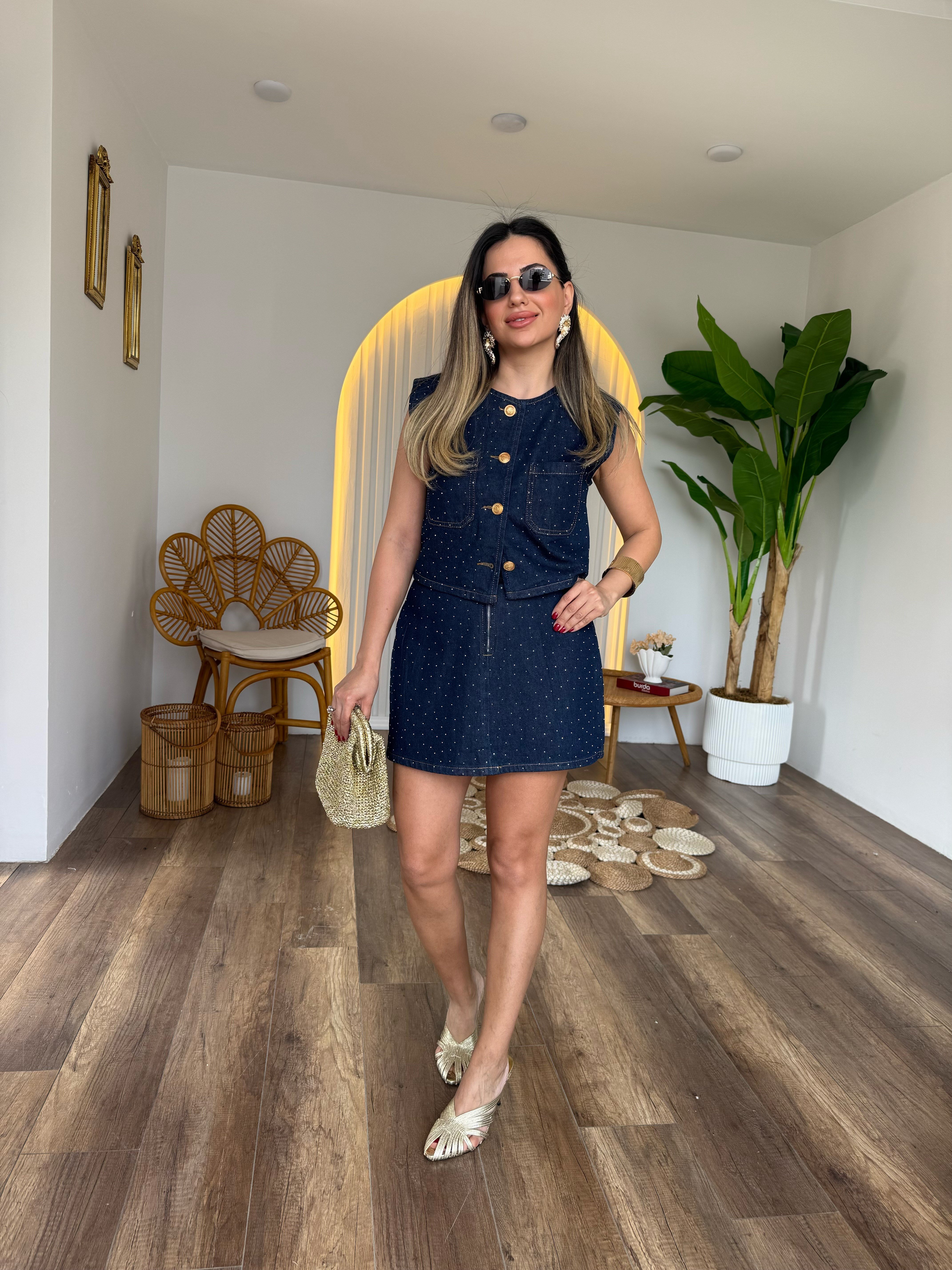 11524 Denim Yelek Etek Takım