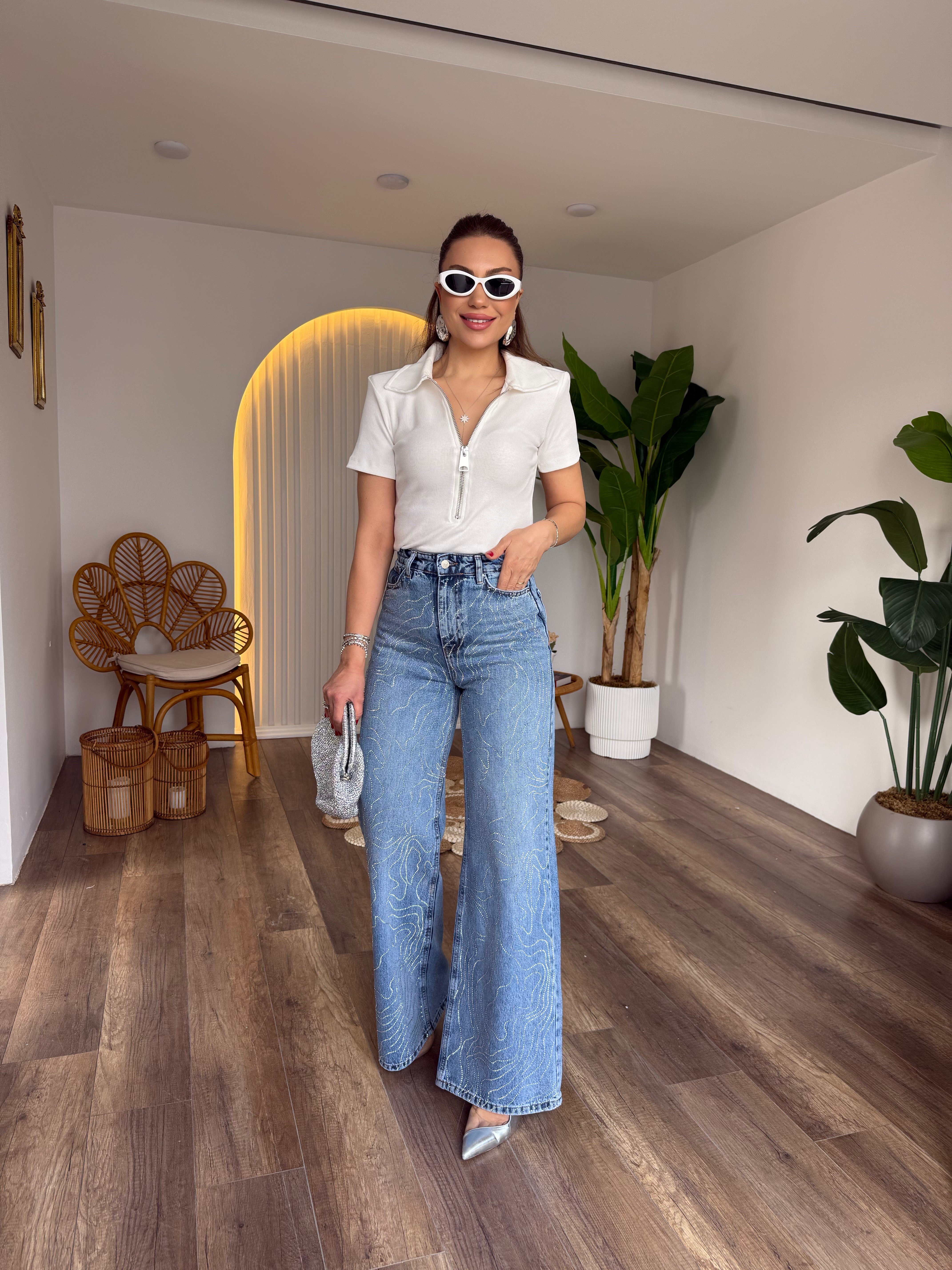 11538 Taş Detaylı Wide Leg Jean