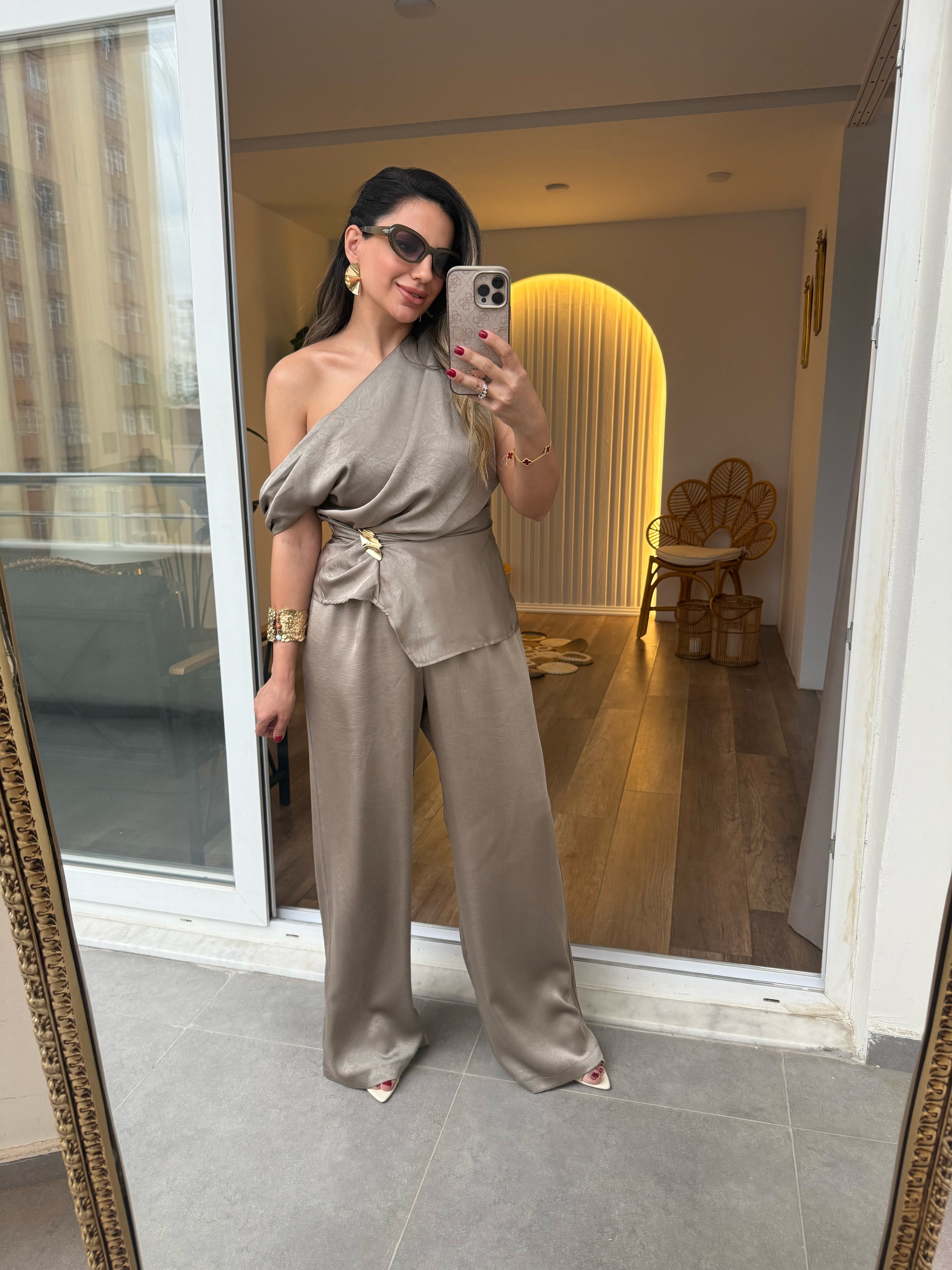 11575 Saten Beli Lastikli Pantolon Bluz Takım