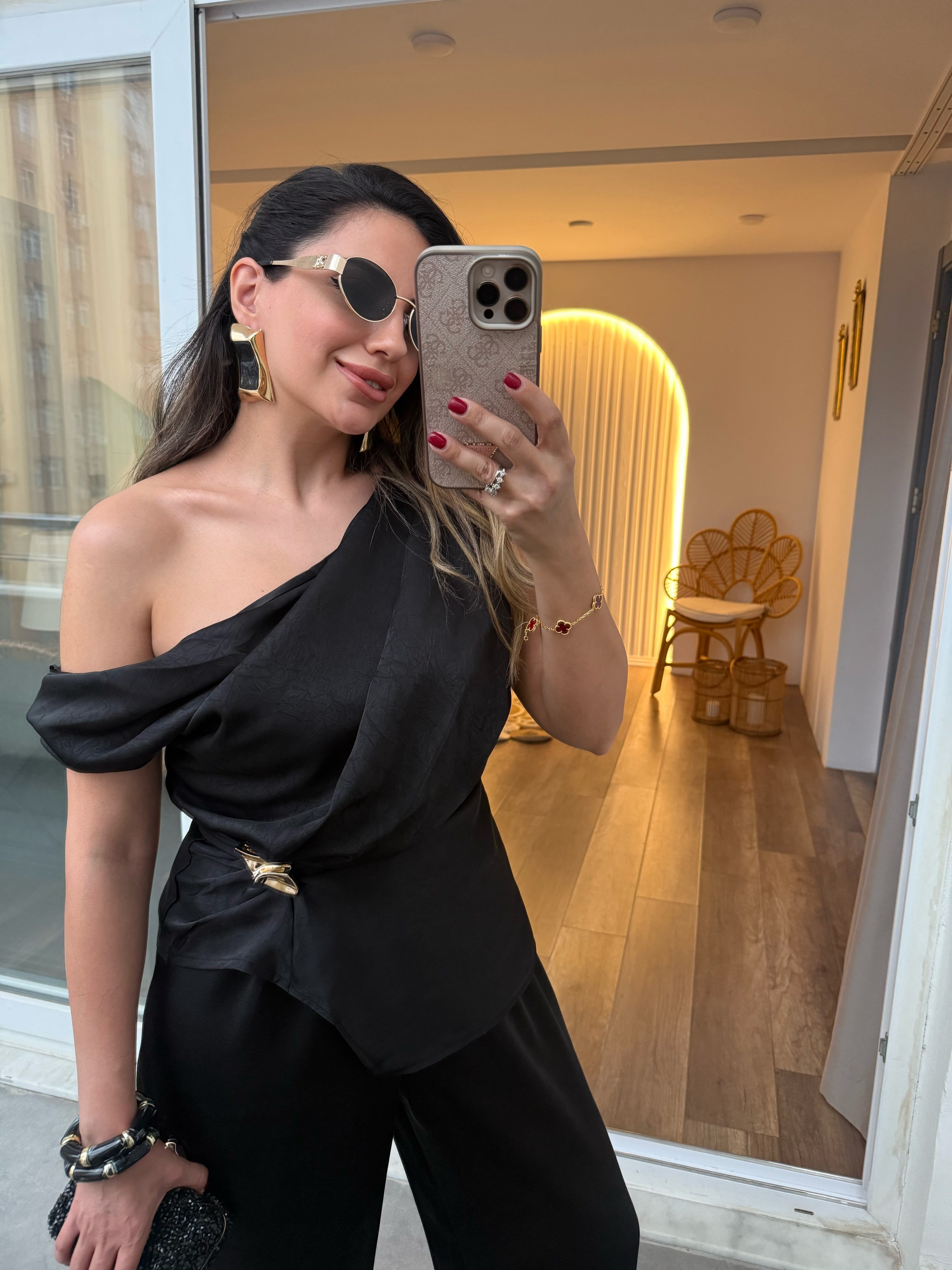 11575 Saten Beli Lastikli Pantolon Bluz Takım