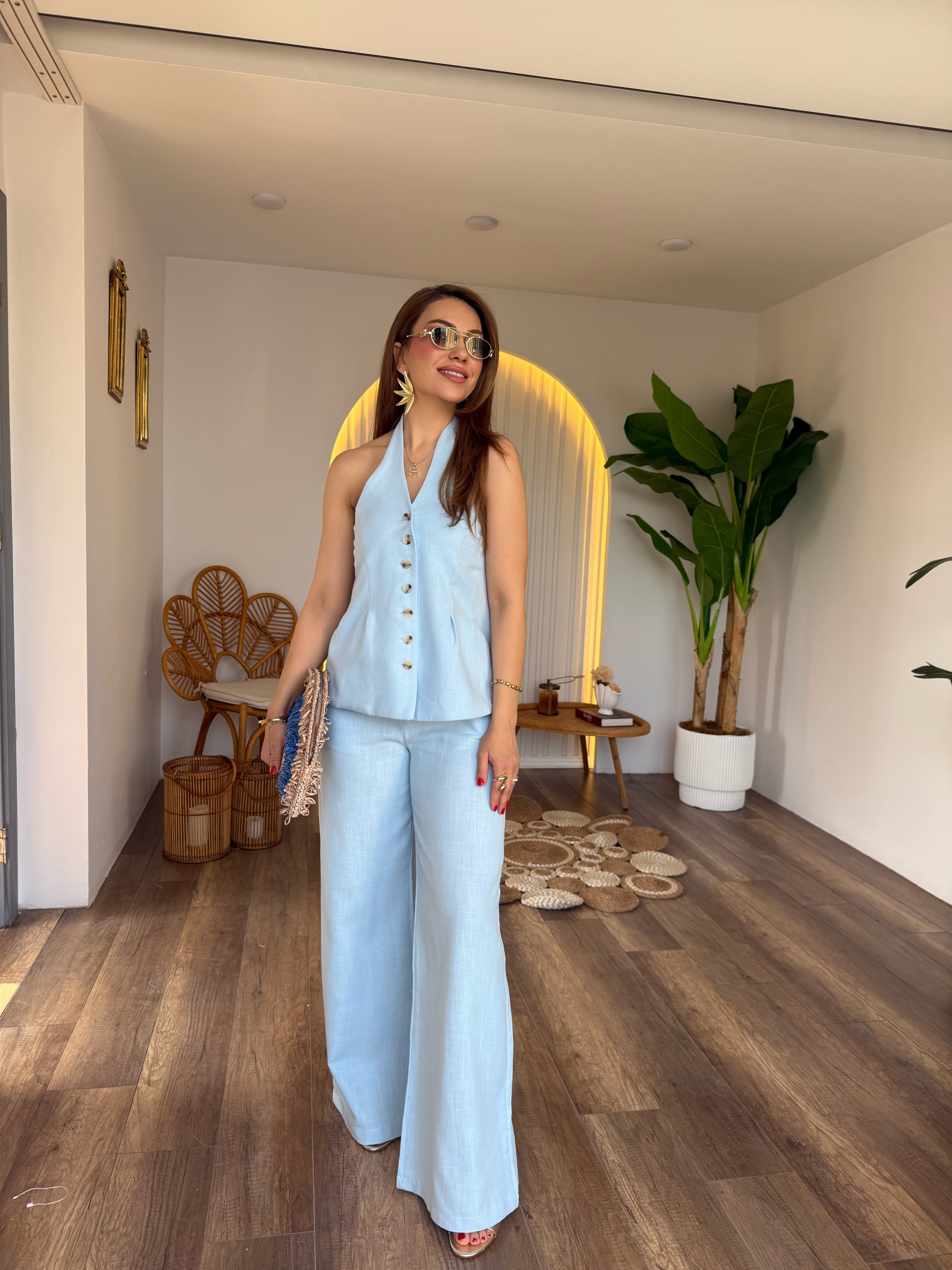 11717 Keten Önden Düğme Detaylı Pantolon Bluz Takım