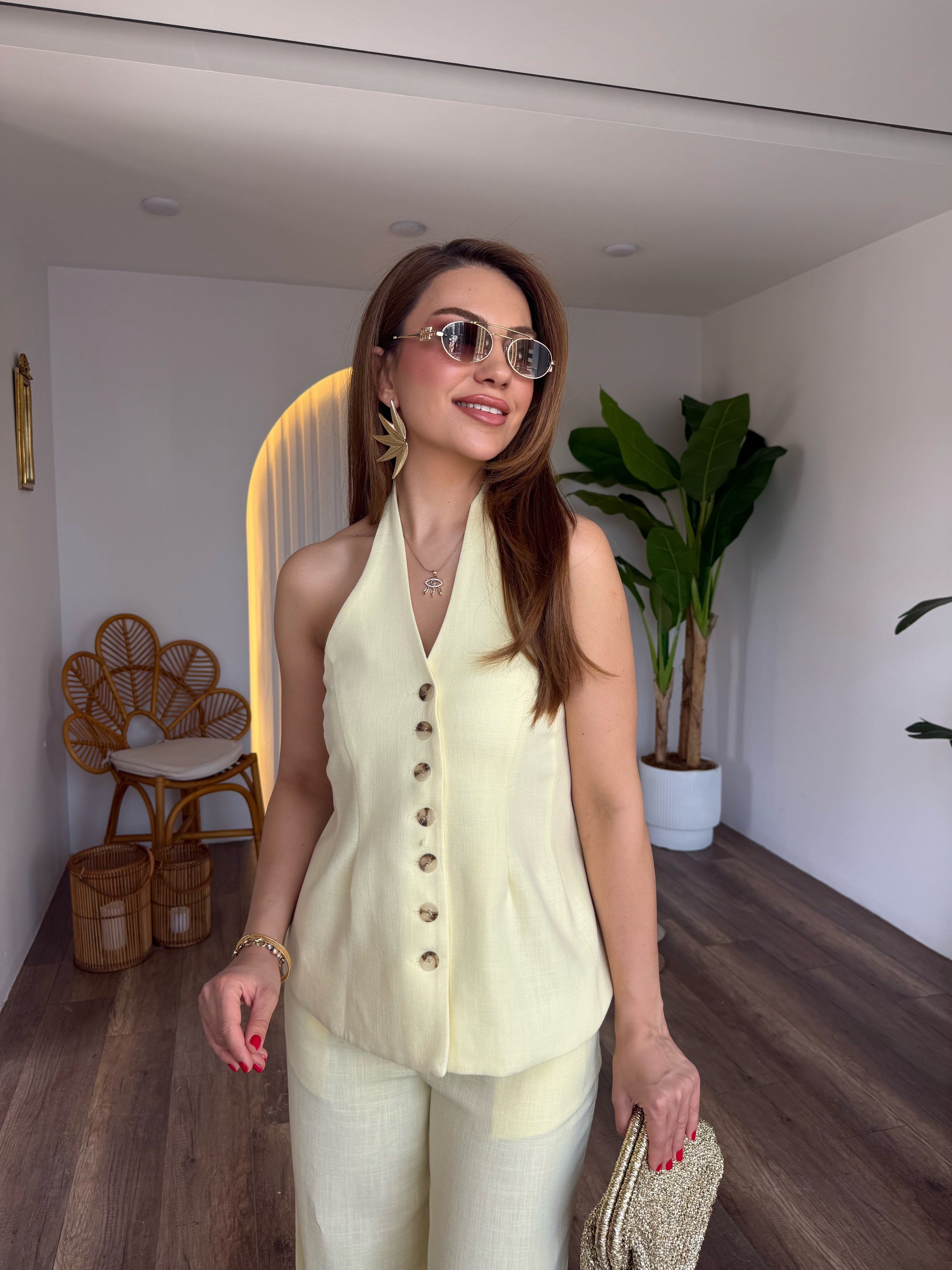 11717 Keten Önden Düğme Detaylı Pantolon Bluz Takım