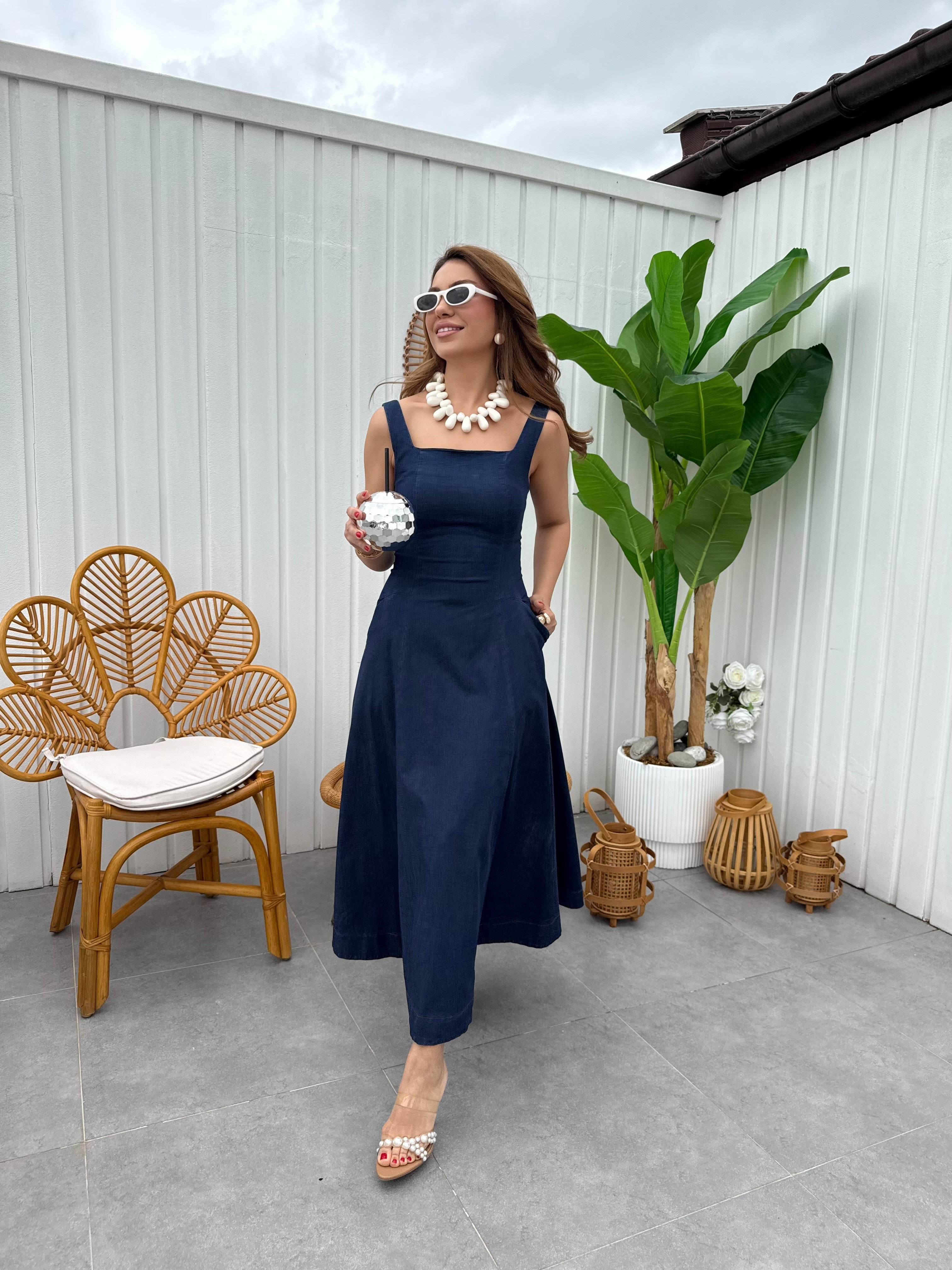 11883 Askılı Denim Elbise