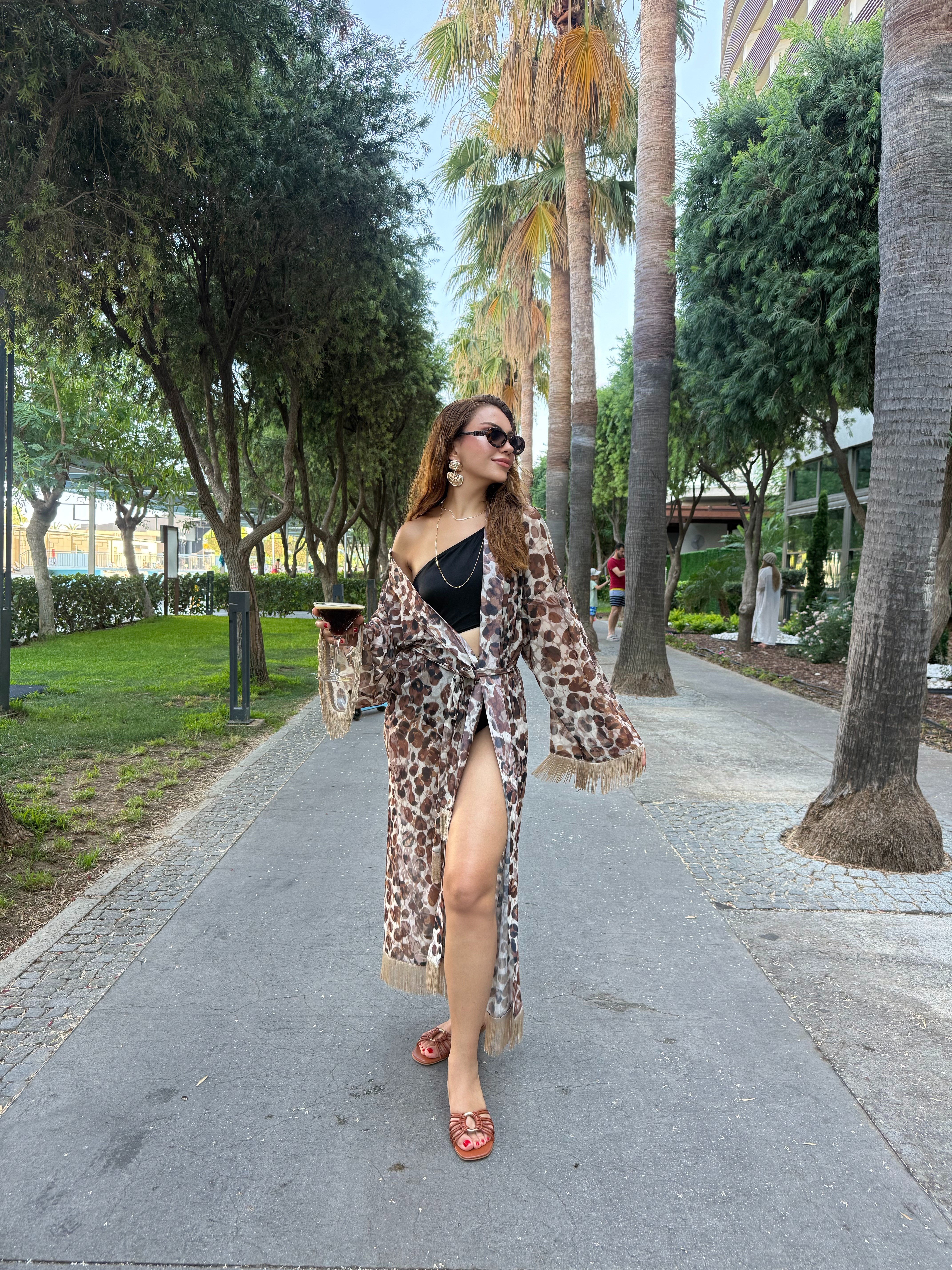 12047 Püskül Detaylı Kuşaklı Kimono