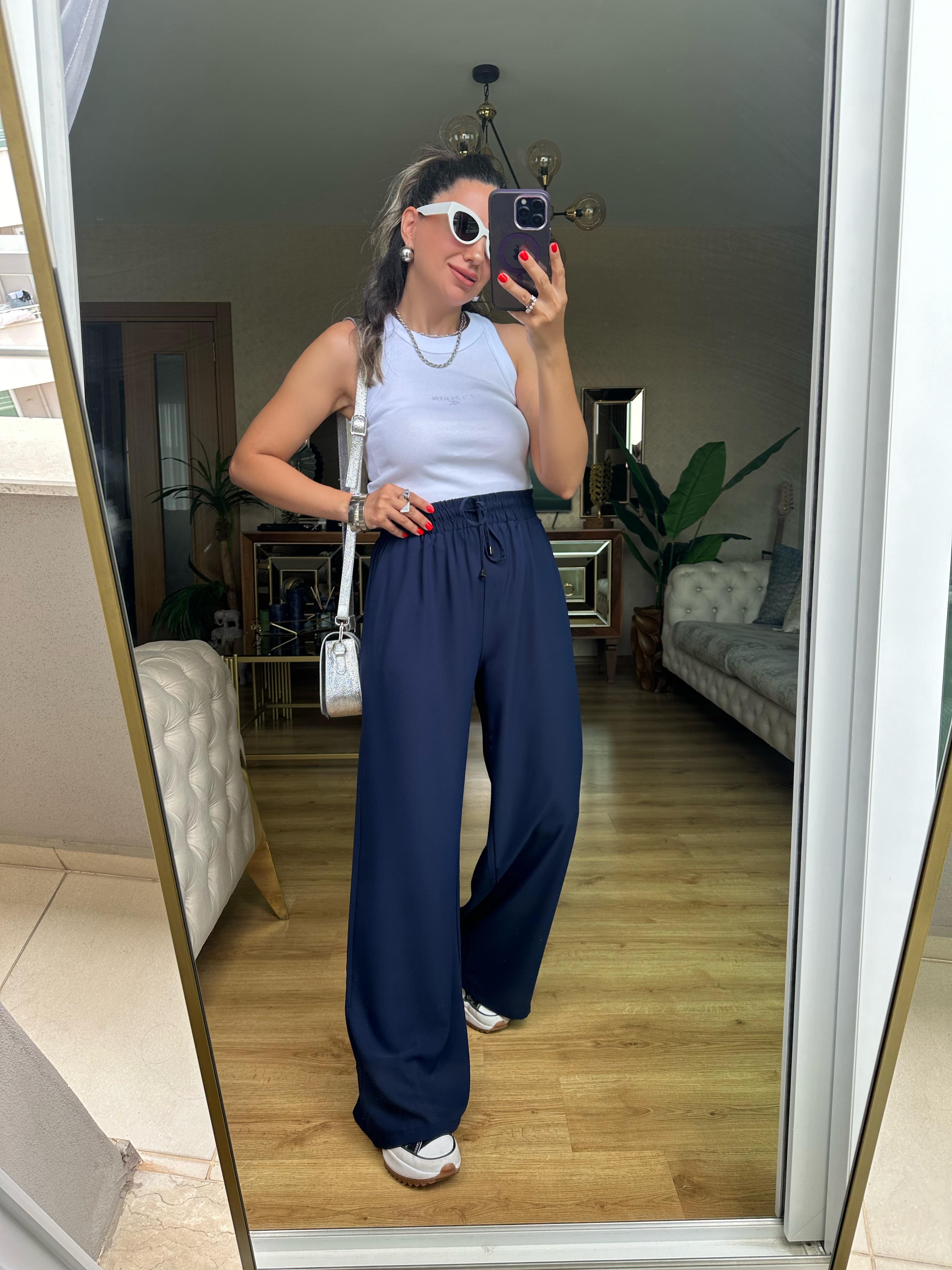 8083 Beli Lastikli Bol Paça Pantolon Qu.