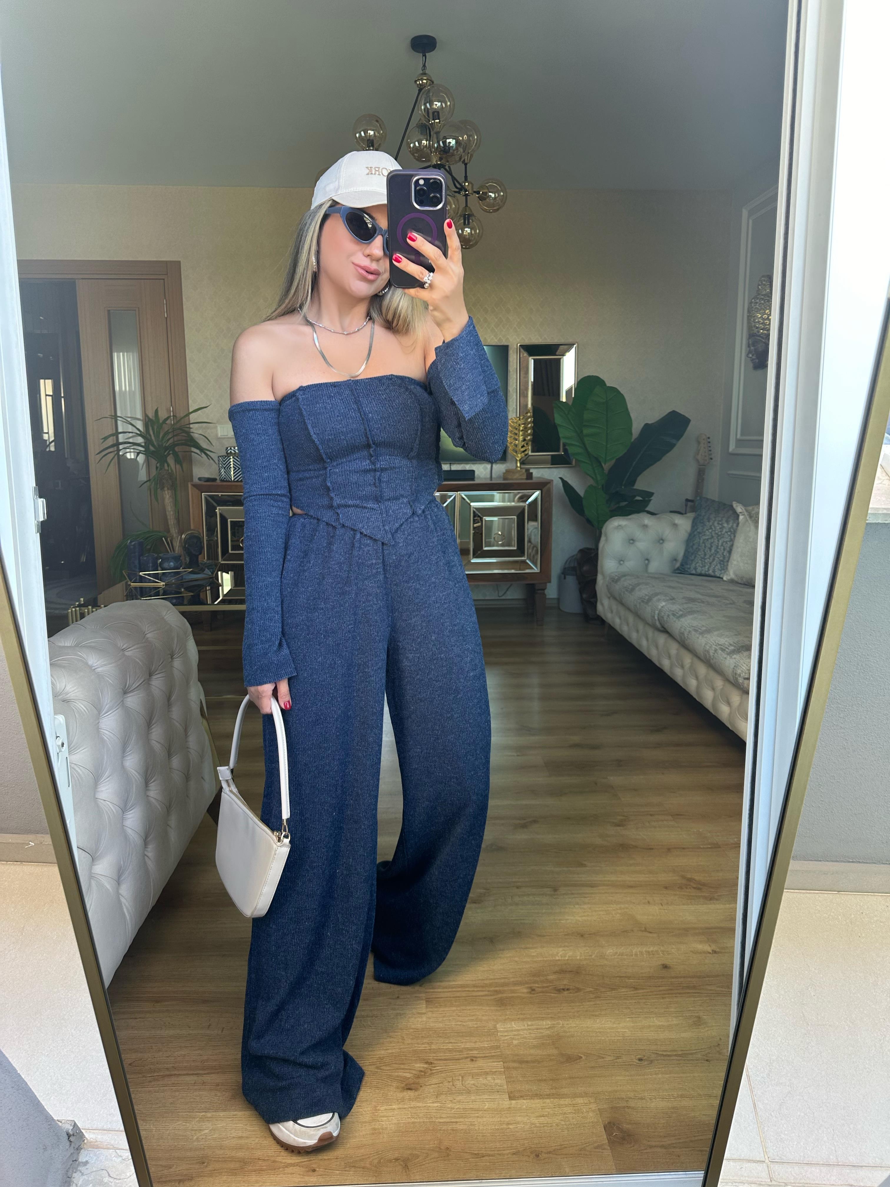 8512 Düşük Omuz Triko Bluz Pantolon Takım
