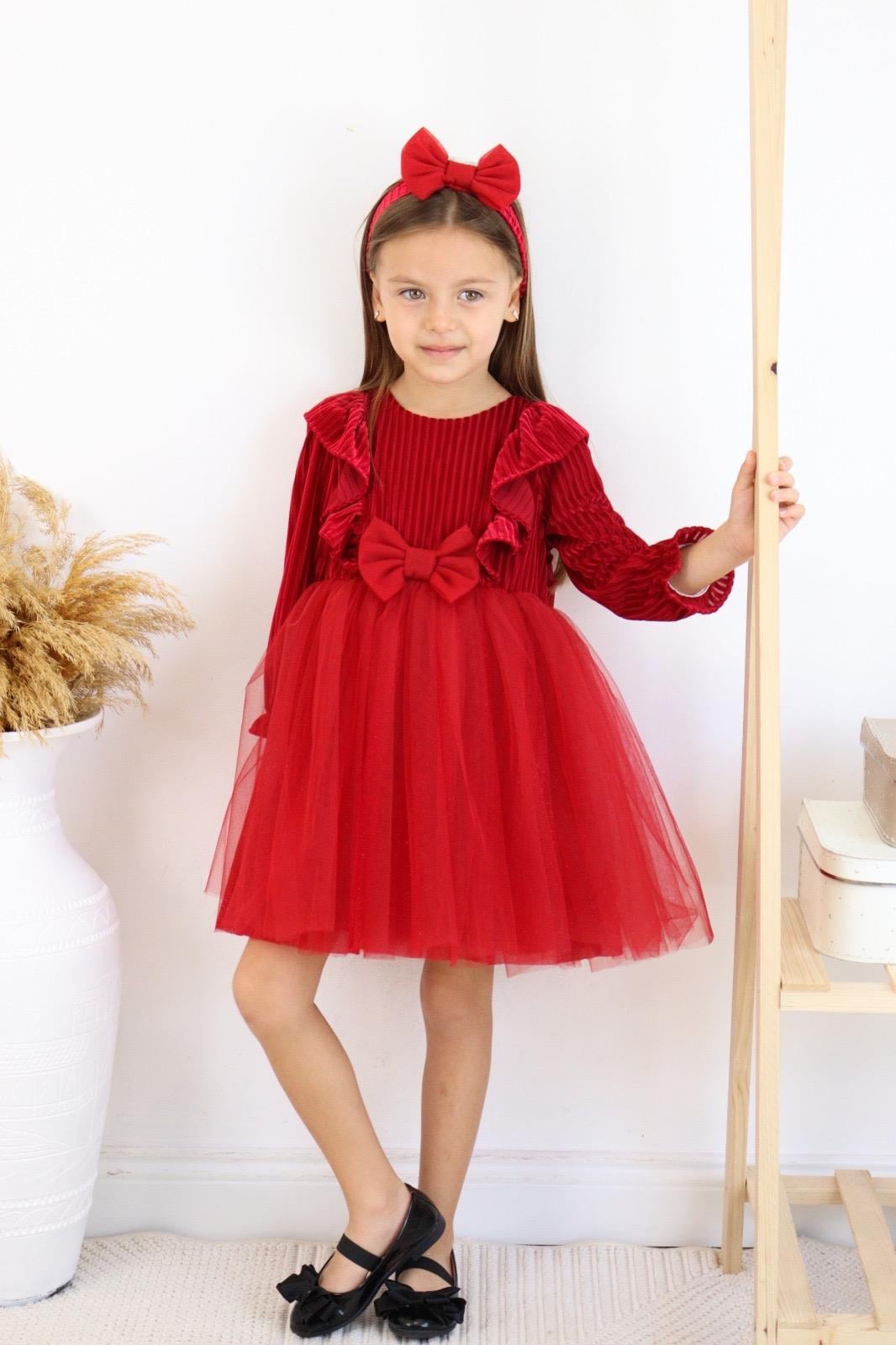 8875 Kids Kadife Tüllü Elbise 2-3/6-7 Yaş