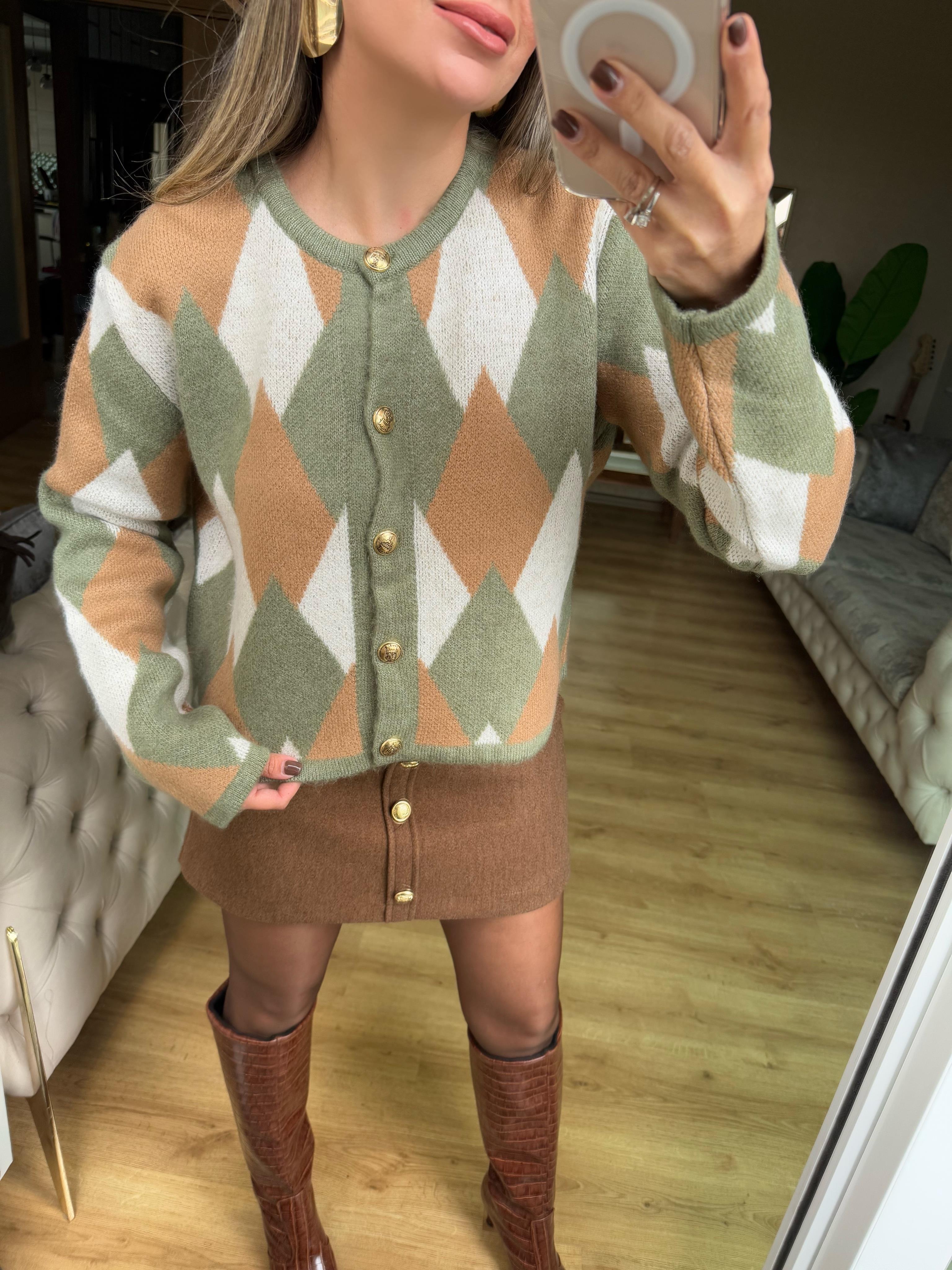 8927 Yeşil Baklava Desenli Hırka