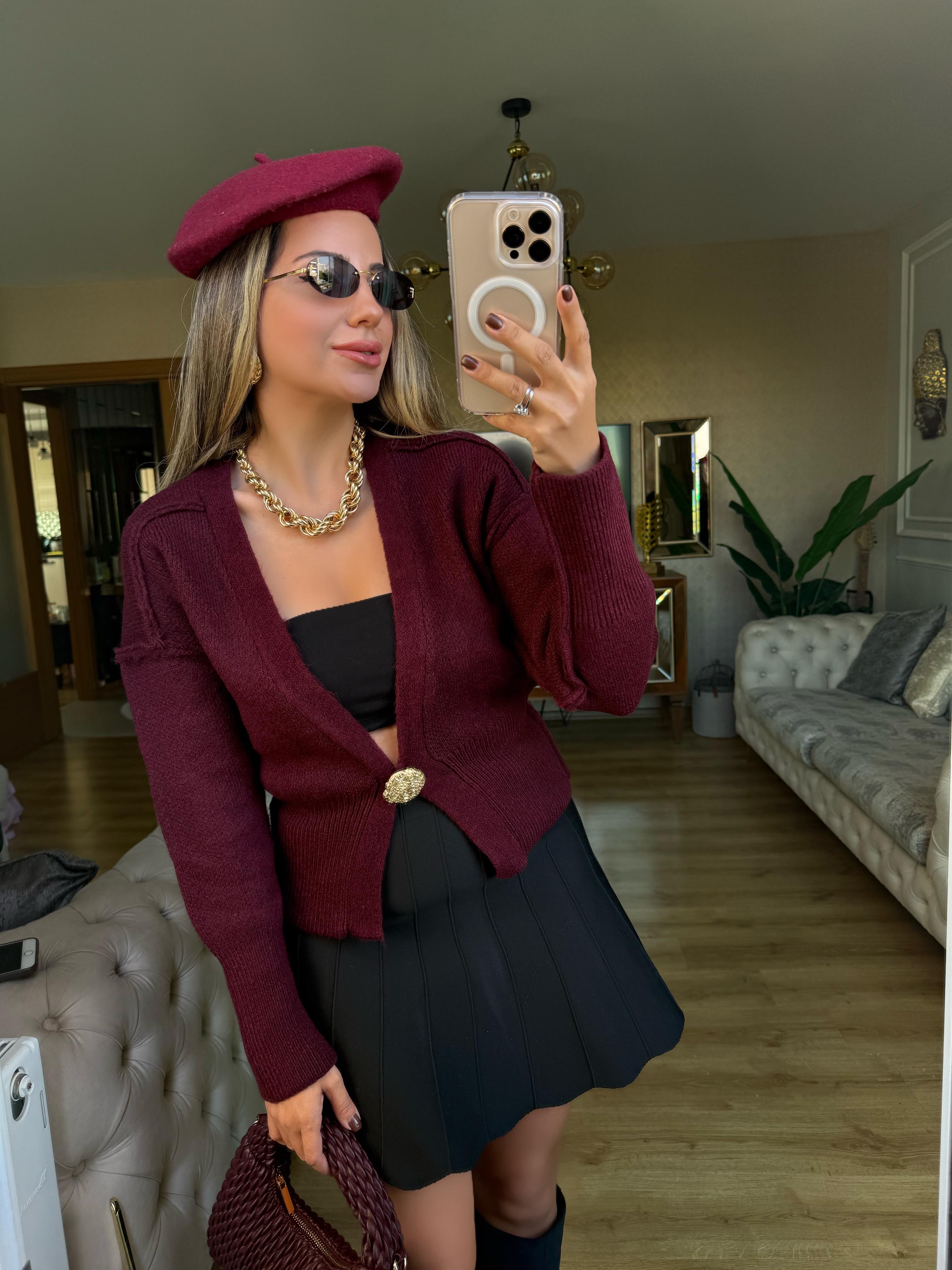 8938 Gold Tek Düğmeli Hırka