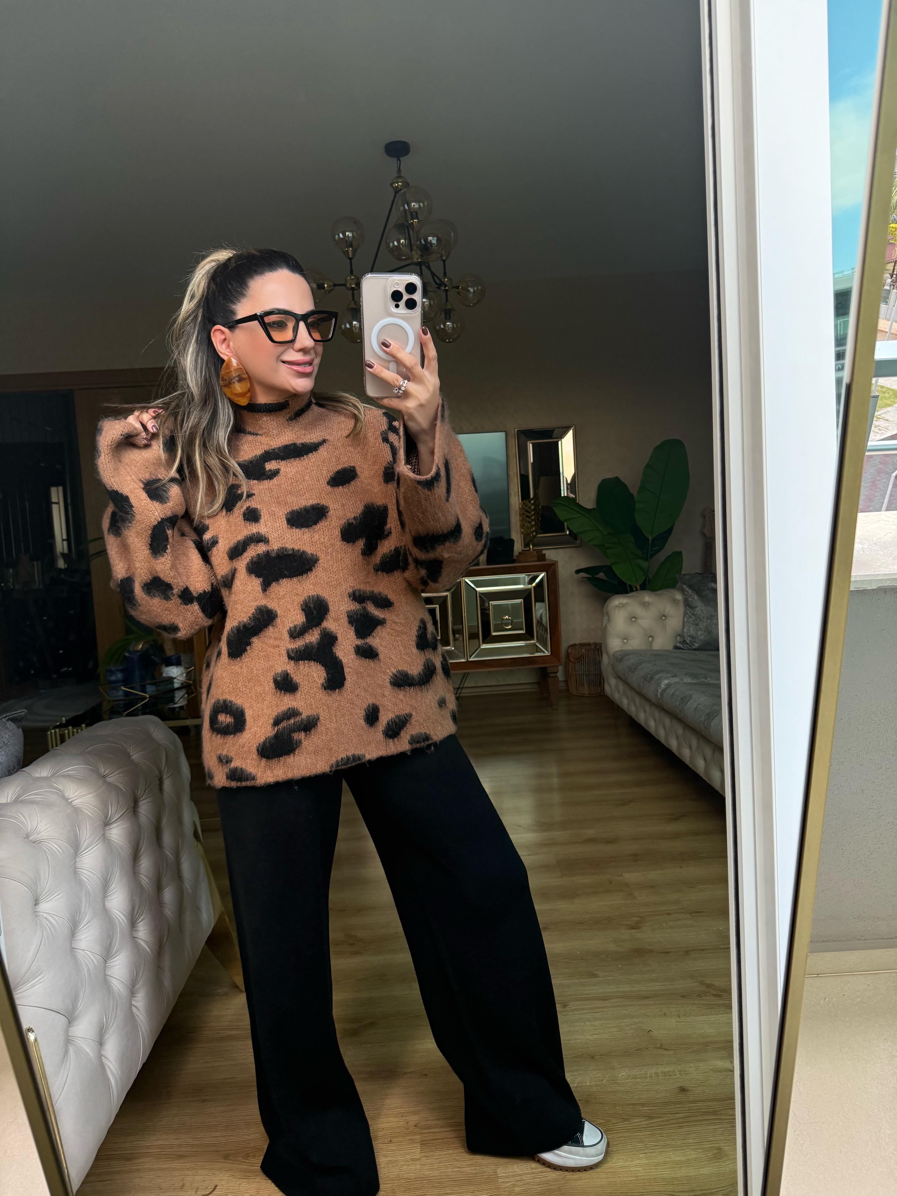 8955 Leopar Kendinden Yakalı Kazak