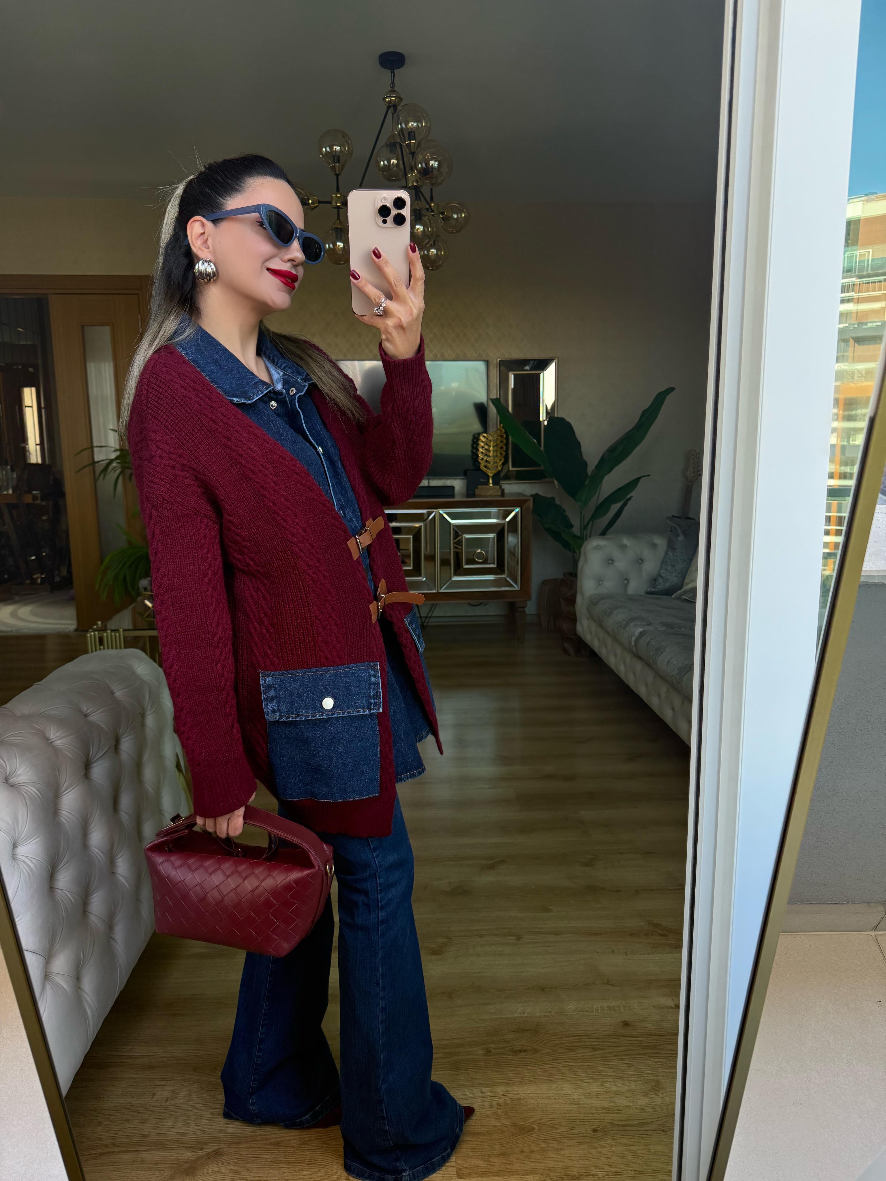 9034 Bordo Kot Detaylı Triko Kazak