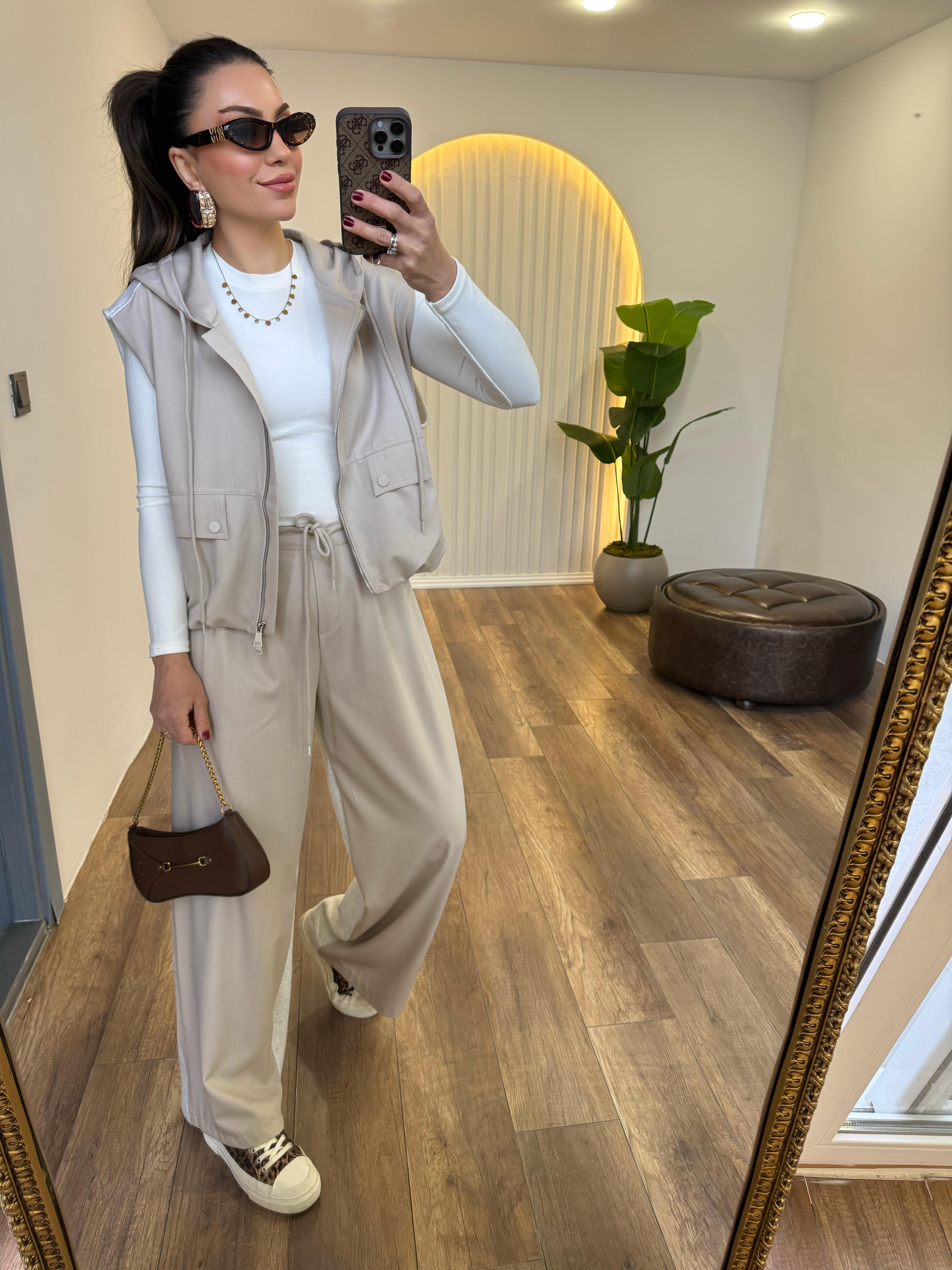 9264 Bej Arka Beli Lastikli Pantolon