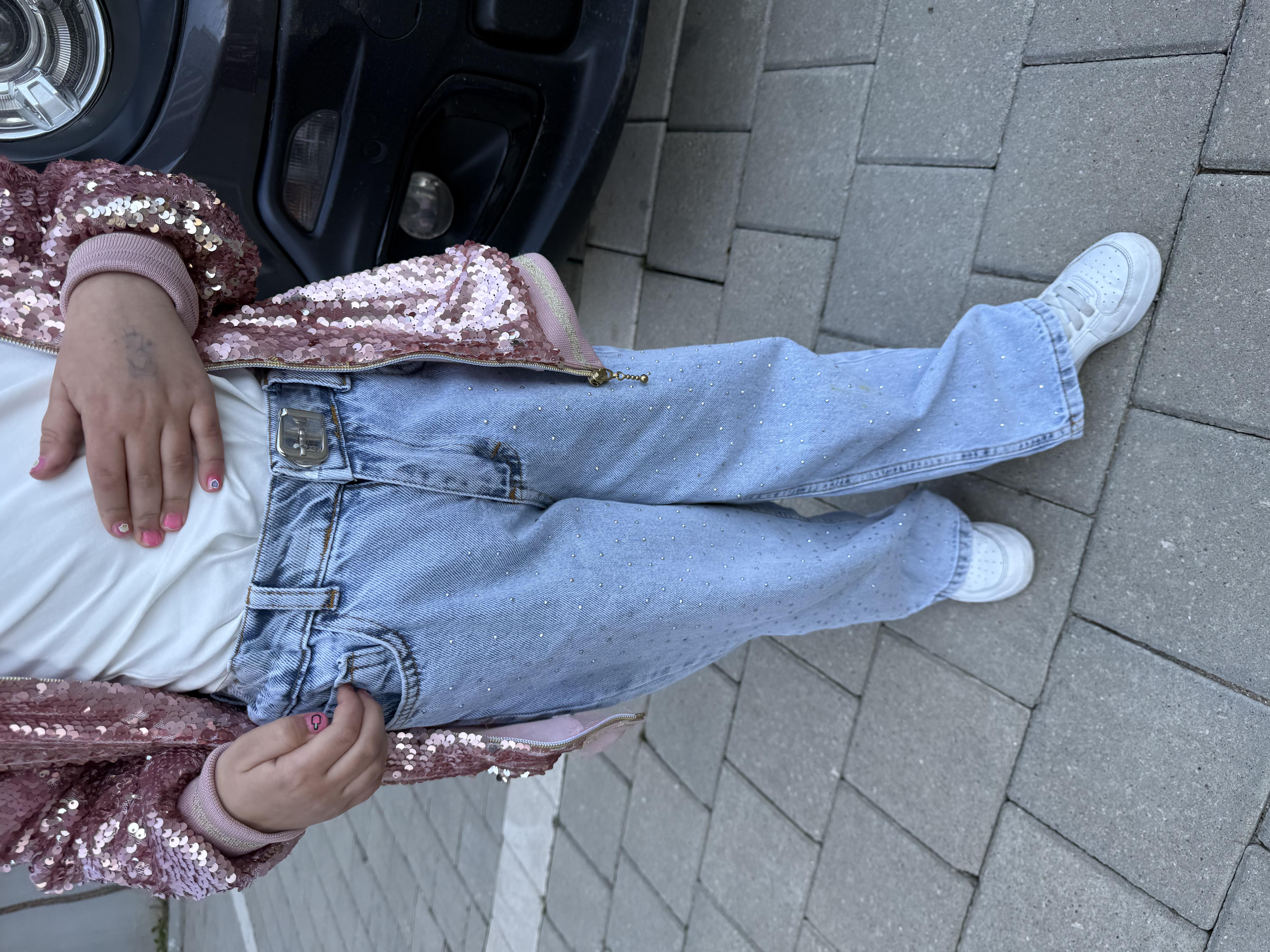 9284 Kids Taşlı Kot Pantolon Beyaz Üst Takım 3-4/9-10 Yaş