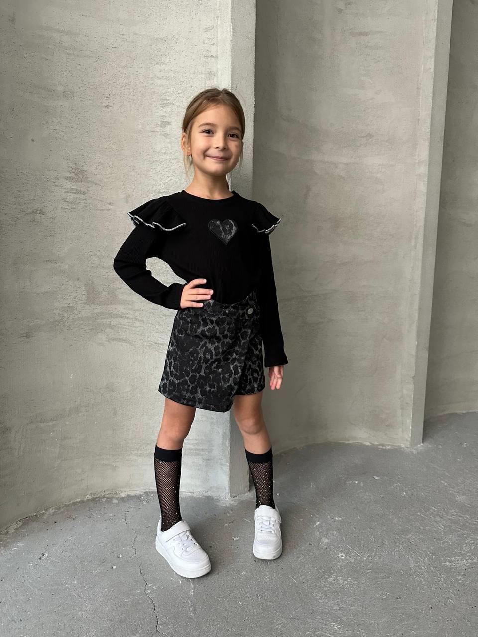 9290 Kids Siyah Leopar Şort Etek Takım 3-4/9-10 Yaş