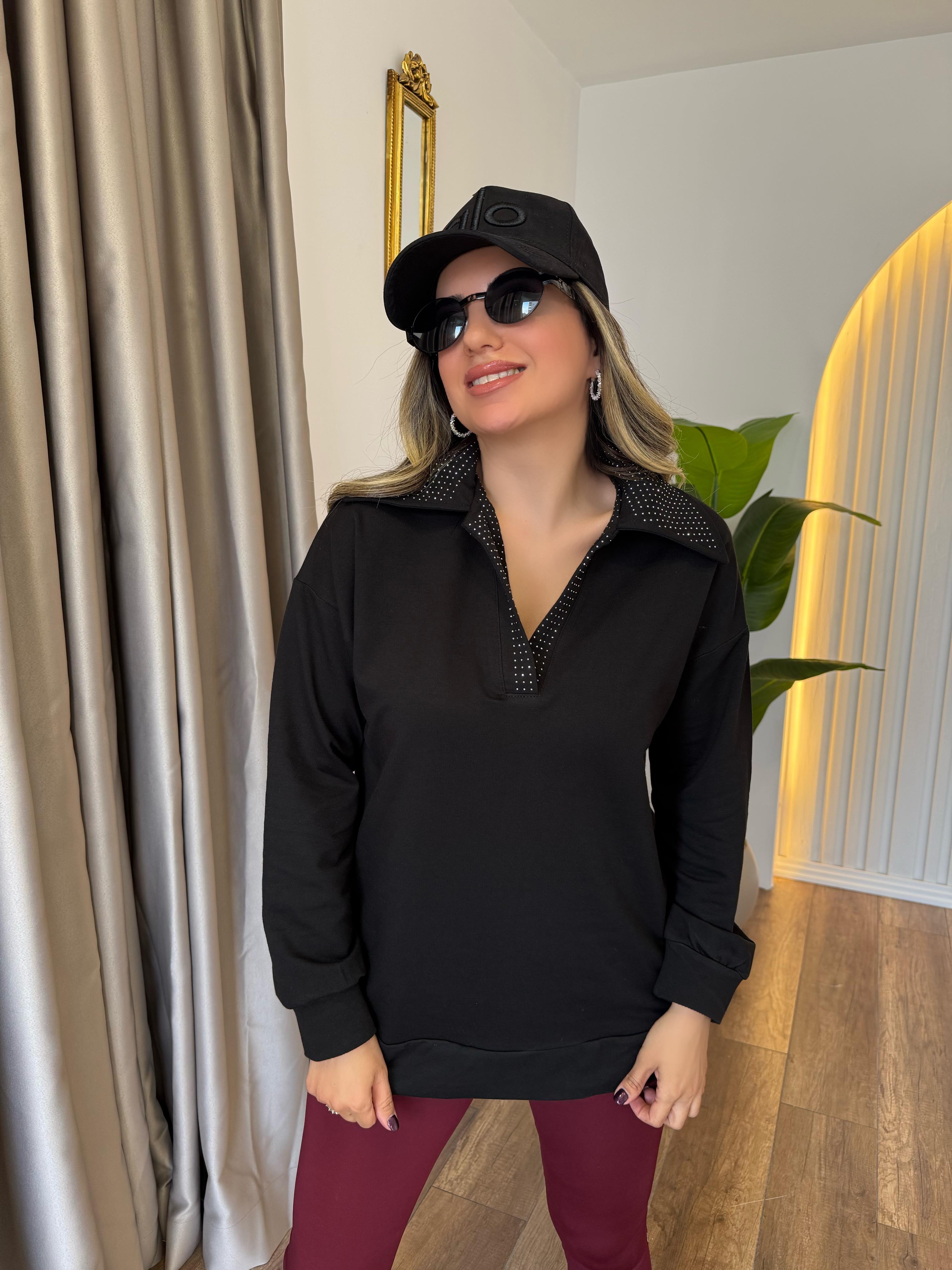 9342 Polo Yaka Taşlı Sweatshirt