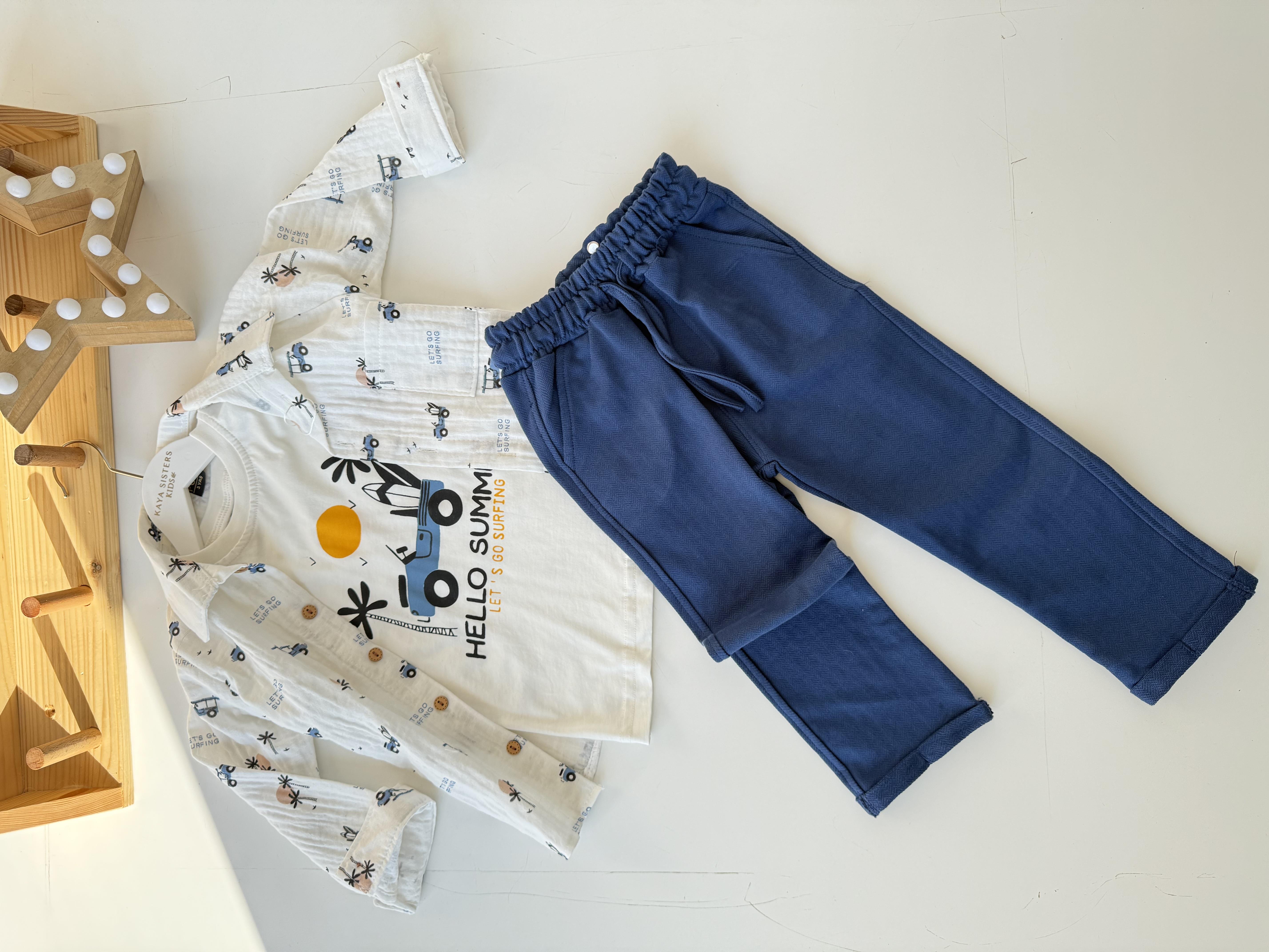 9354 Kids Palmiye Baskılı Gömlekli Erkek Takım 3-6 Yaş