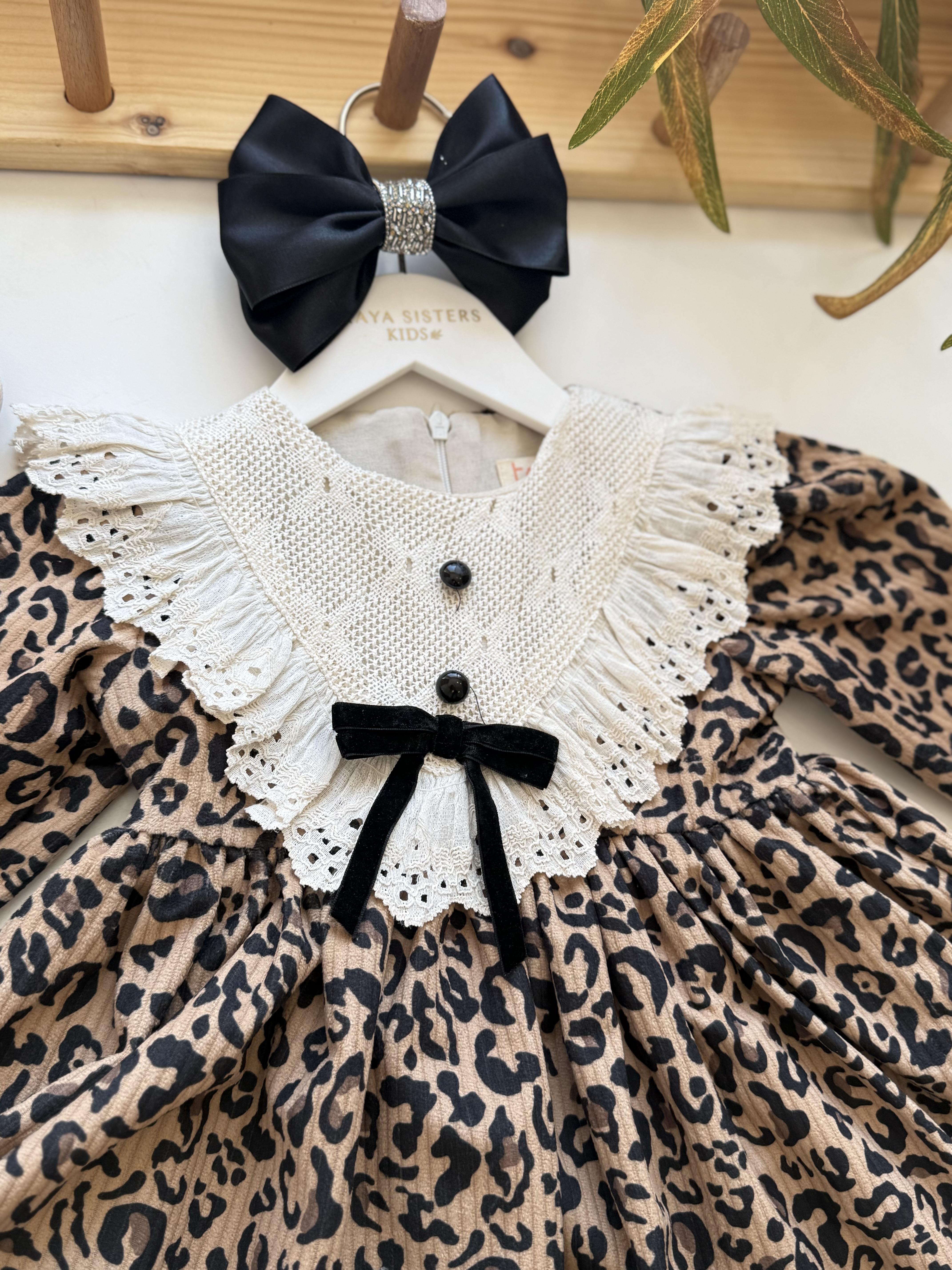 9362 Kids Leopar Desenli Kurdeleli Elbise 2-5 Yaş