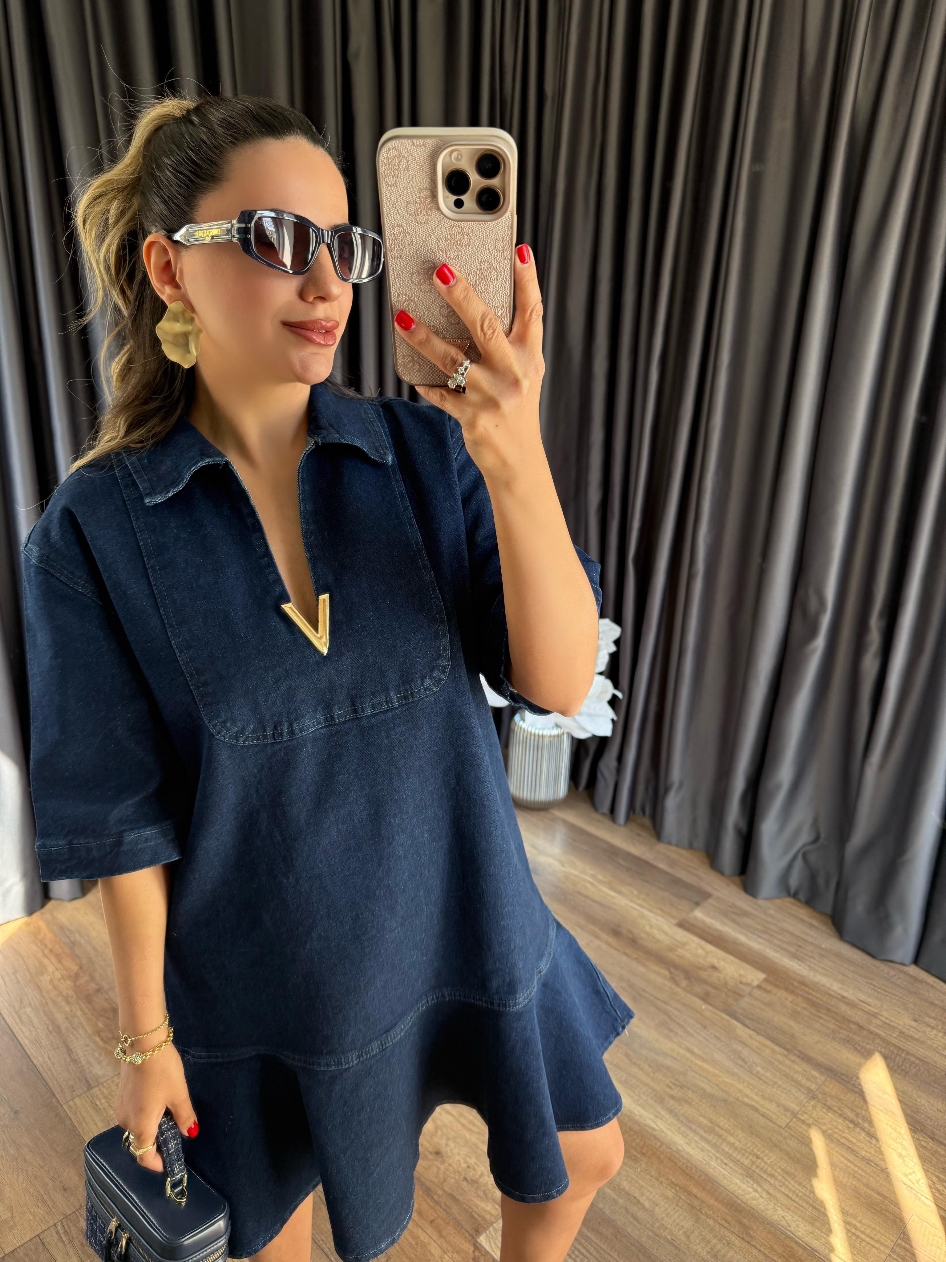 9392 V Gold Tokalı Kot Elbise