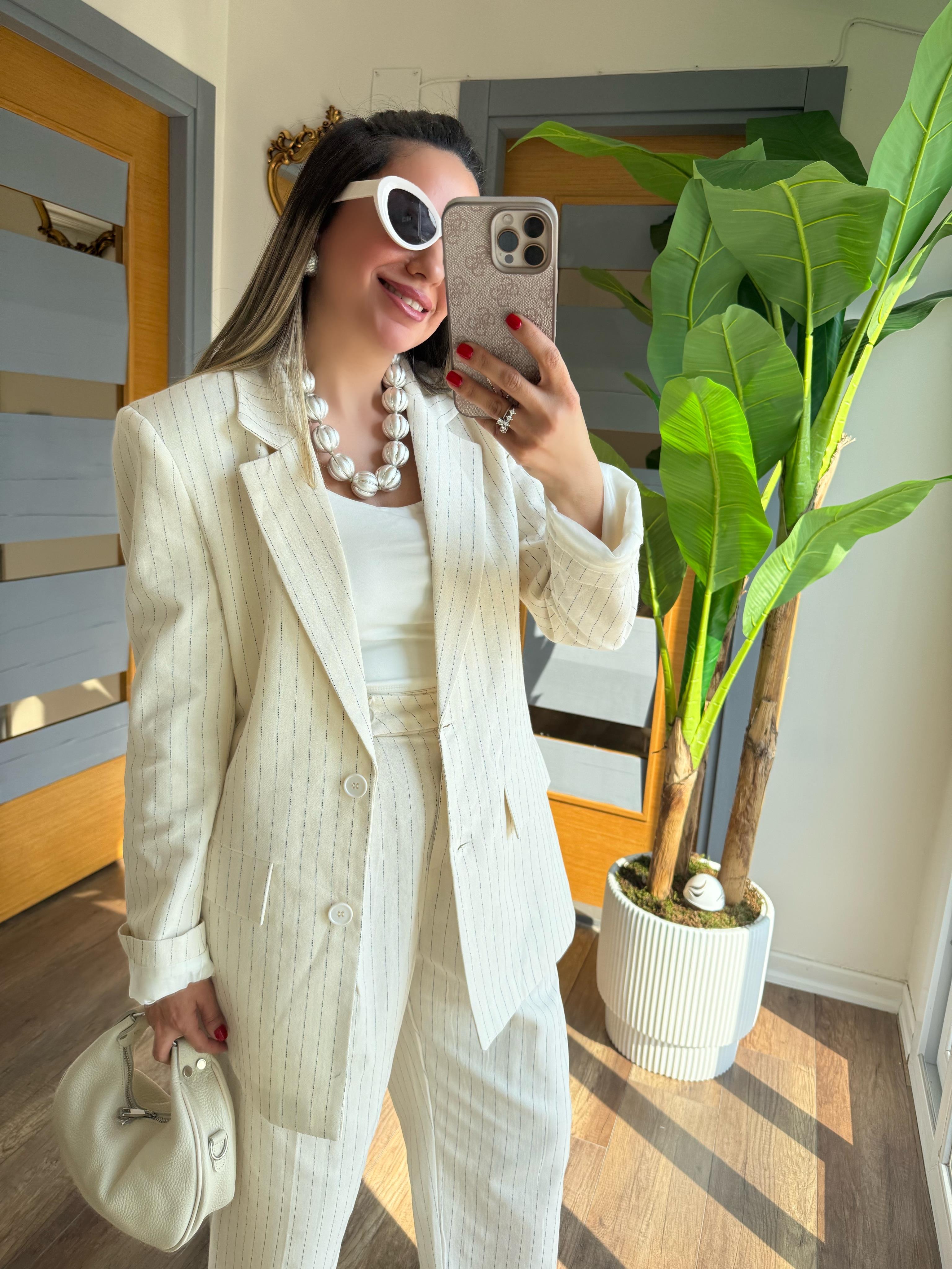 9420 Çizgili Keten Blazer Ceket