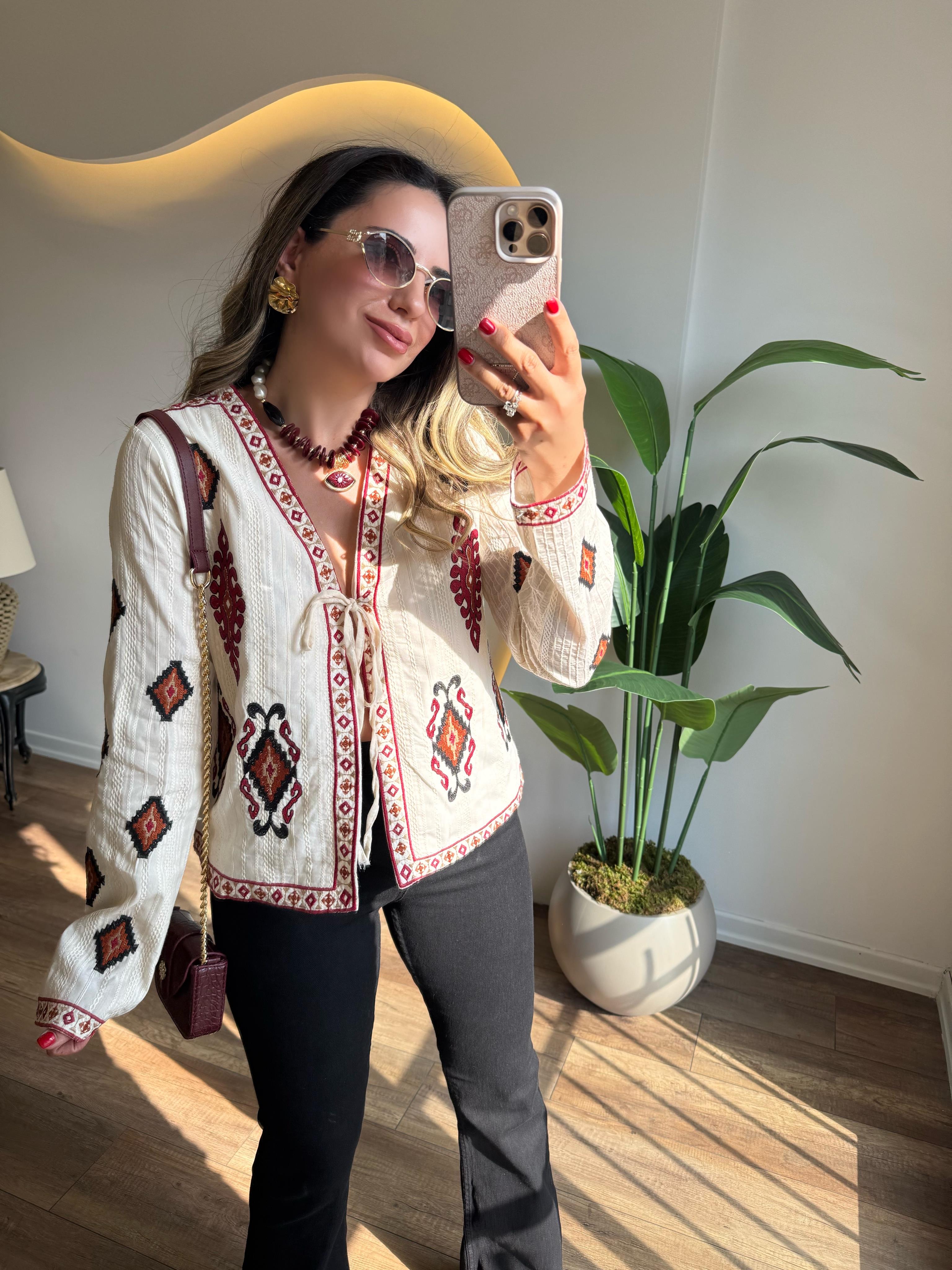 9529 Bordo Desenli Önden Bağlamalı Bluz