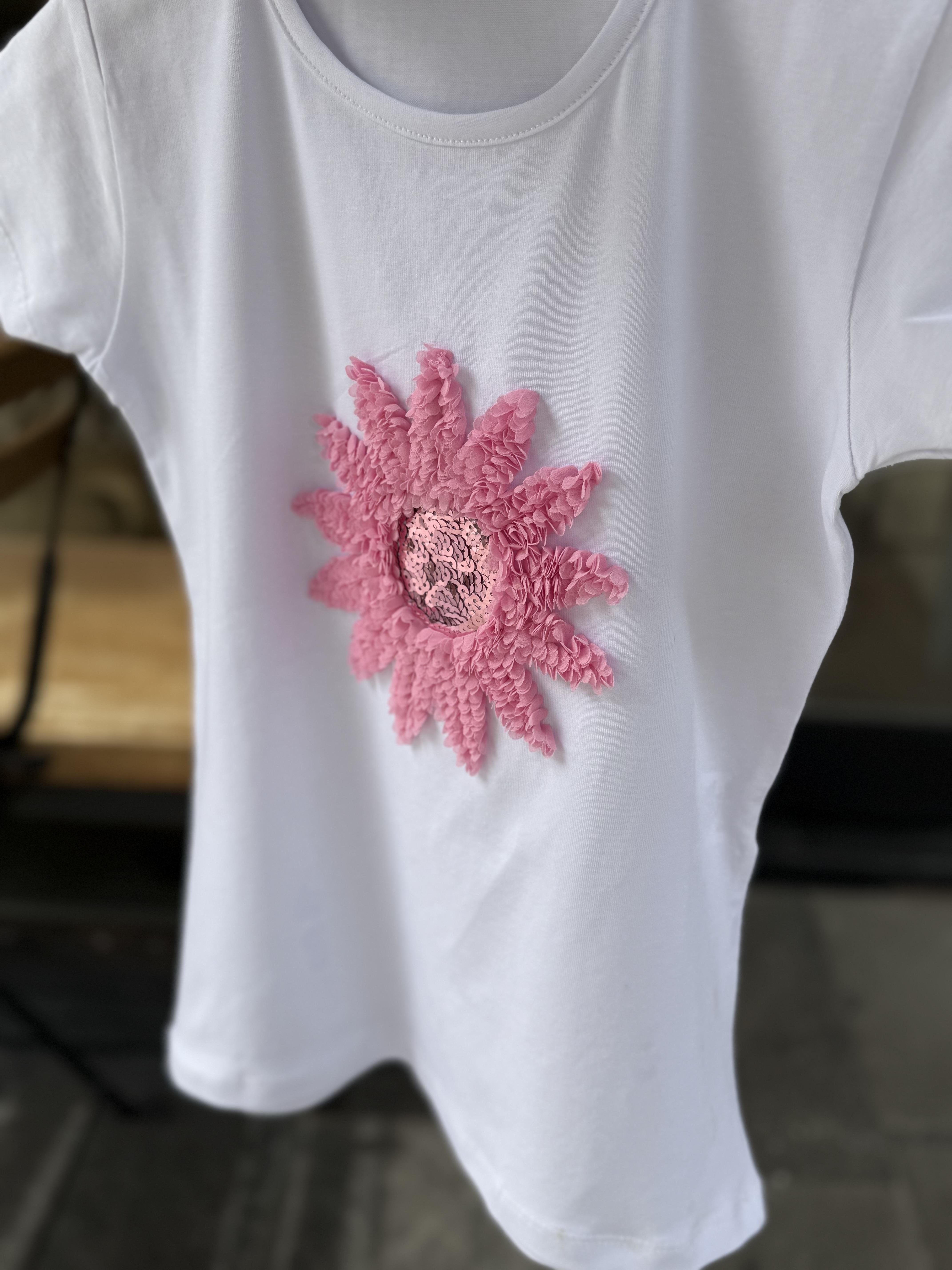 9551 Kids Önü Çiçek Kabartmalı Tshirt 5-6/12-13 Yaş