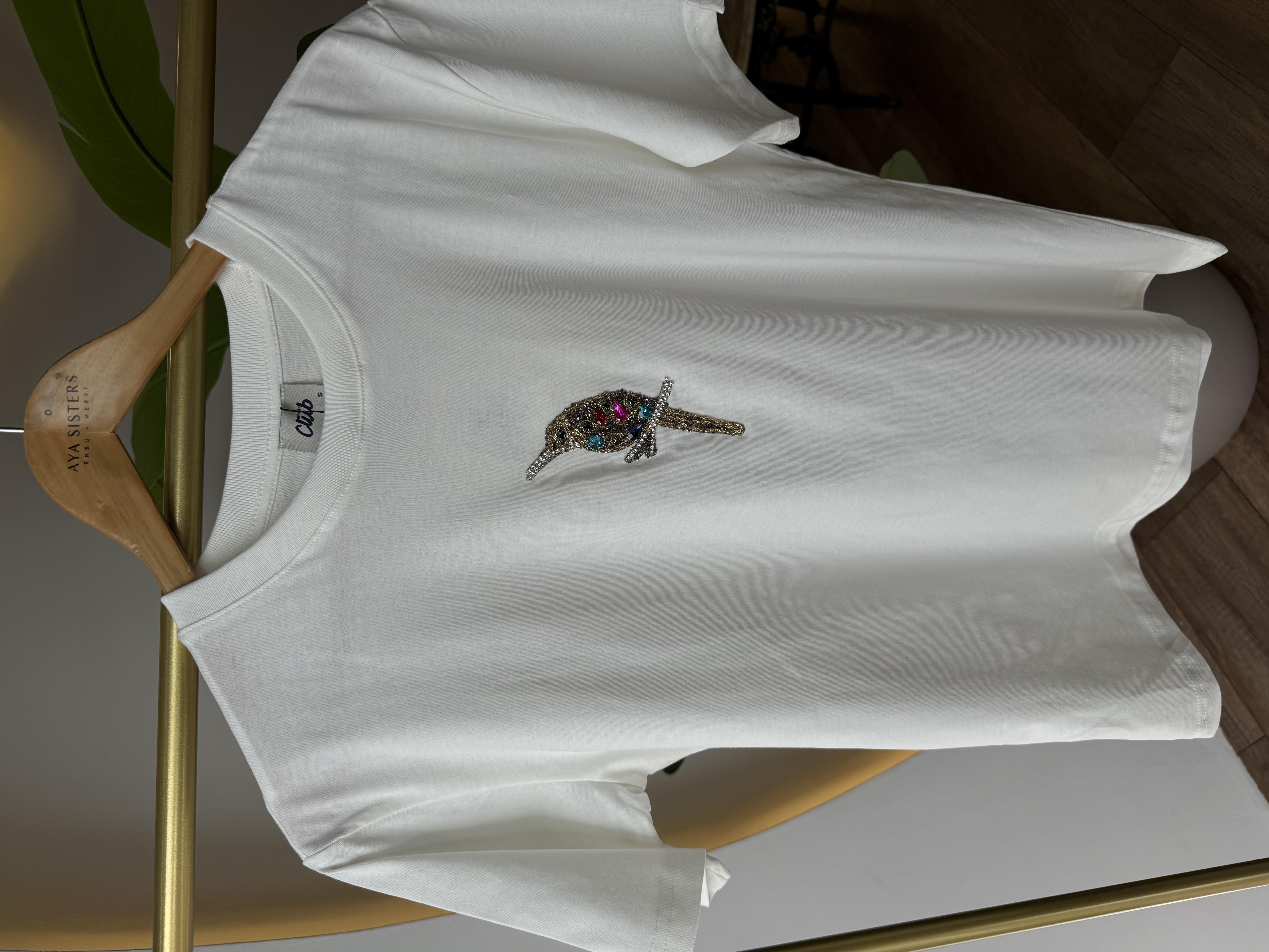 9585 Renkli Taşlı Kuş Detaylı Tshirt