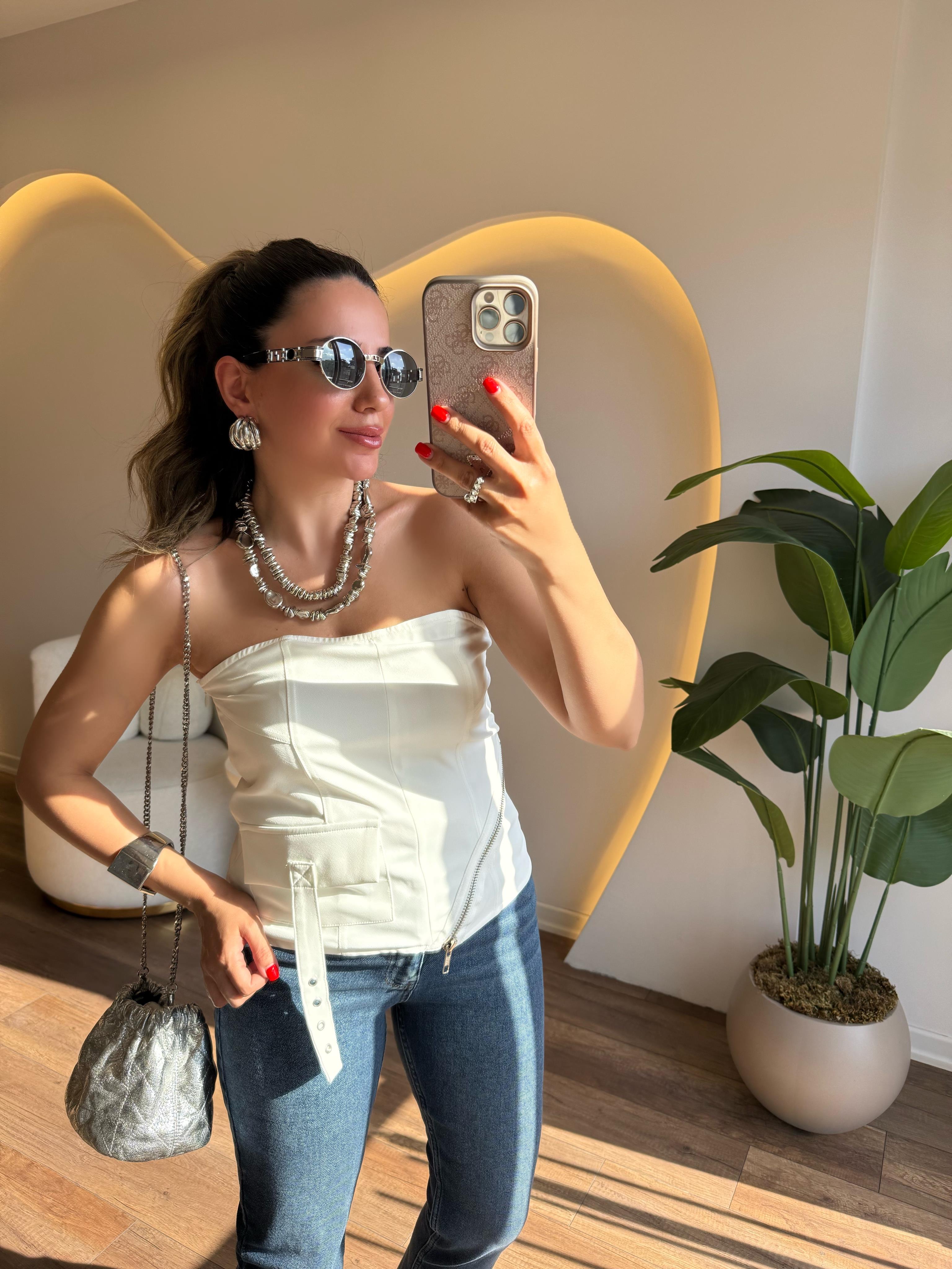 9651 Yandan Fermuarlı Straplez Bluz