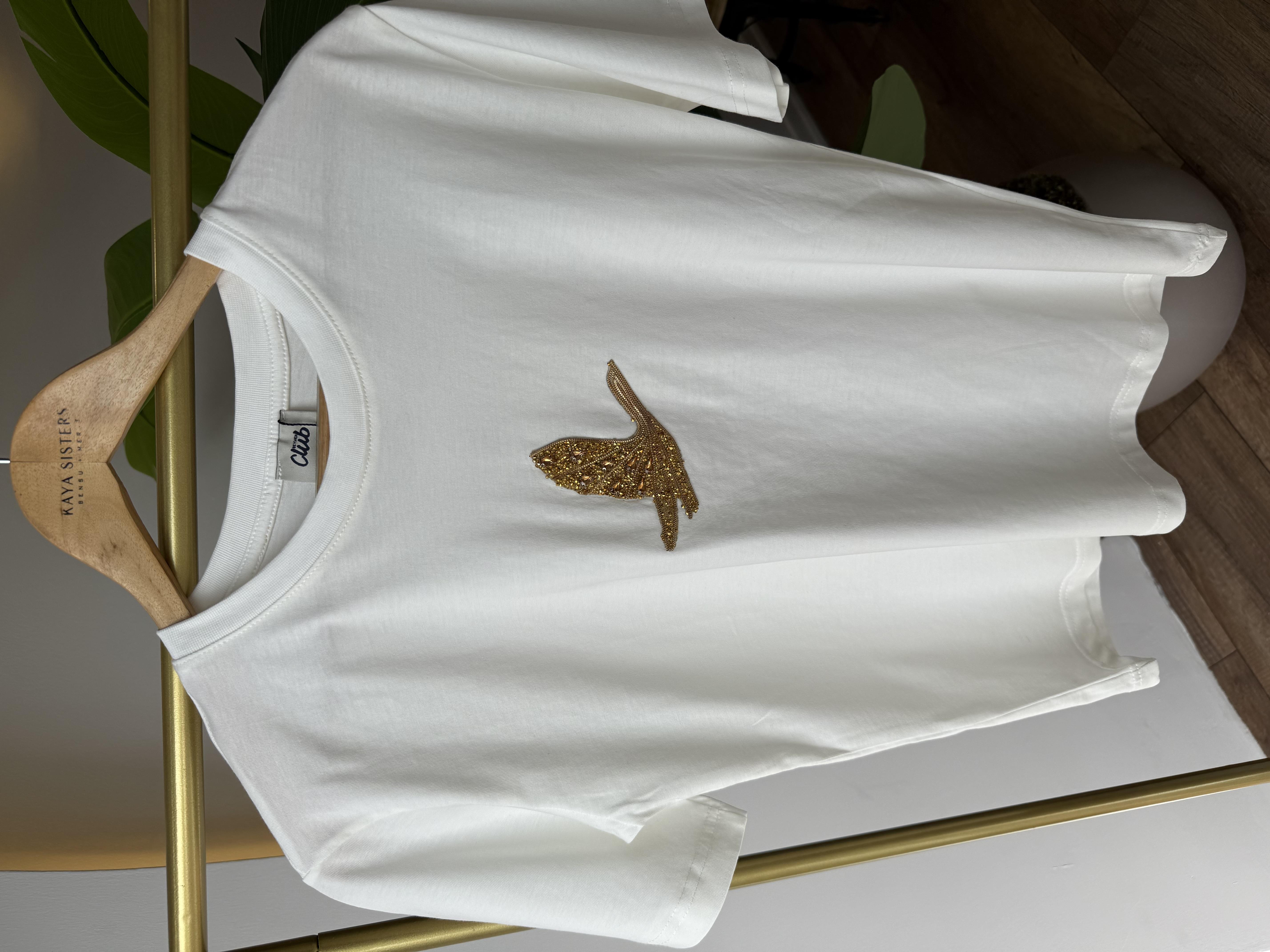 9661 Gold Taşlı Kuşlu Tshirt