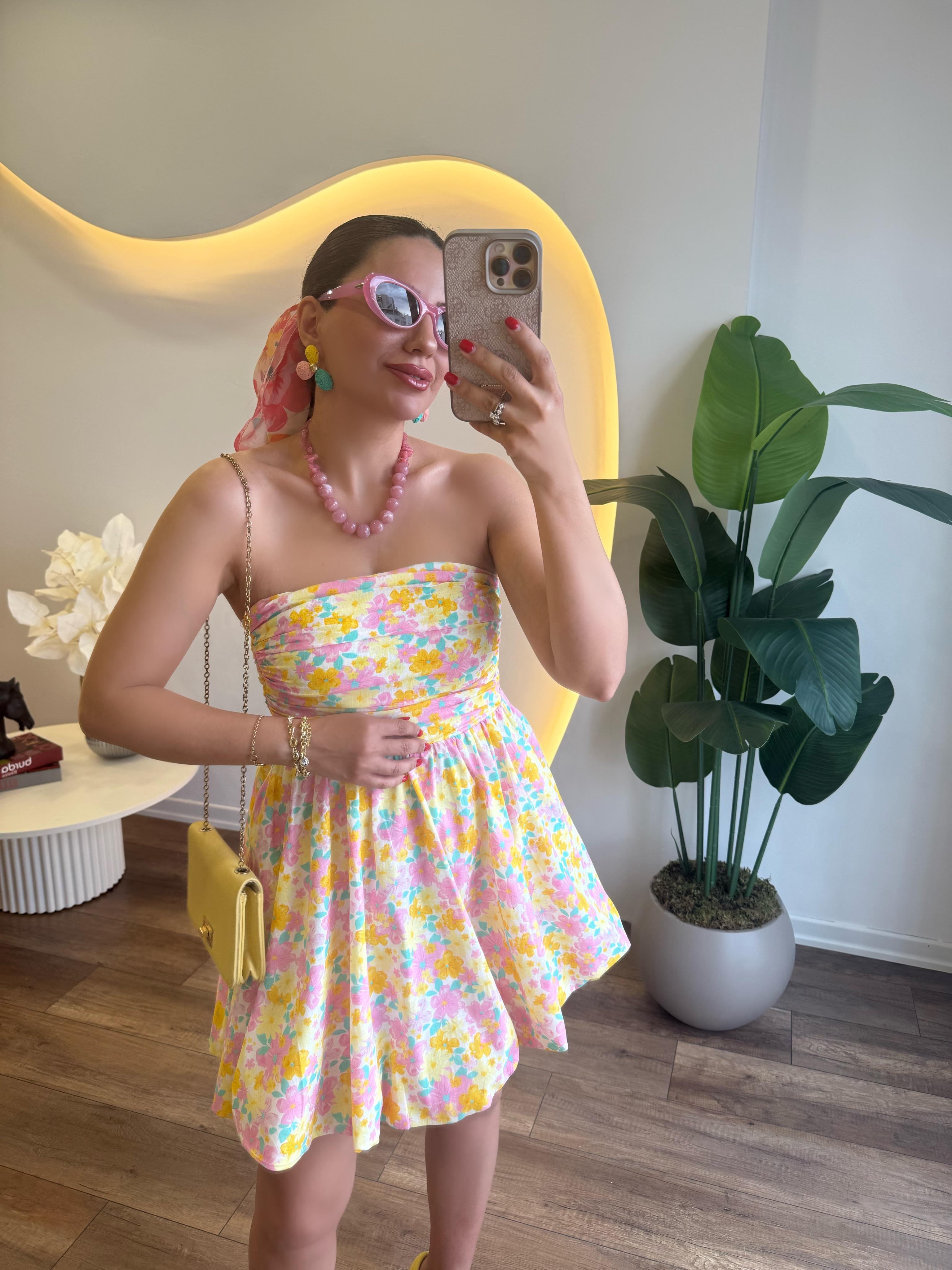 9699 Renkli Çiçekli Mini Elbise