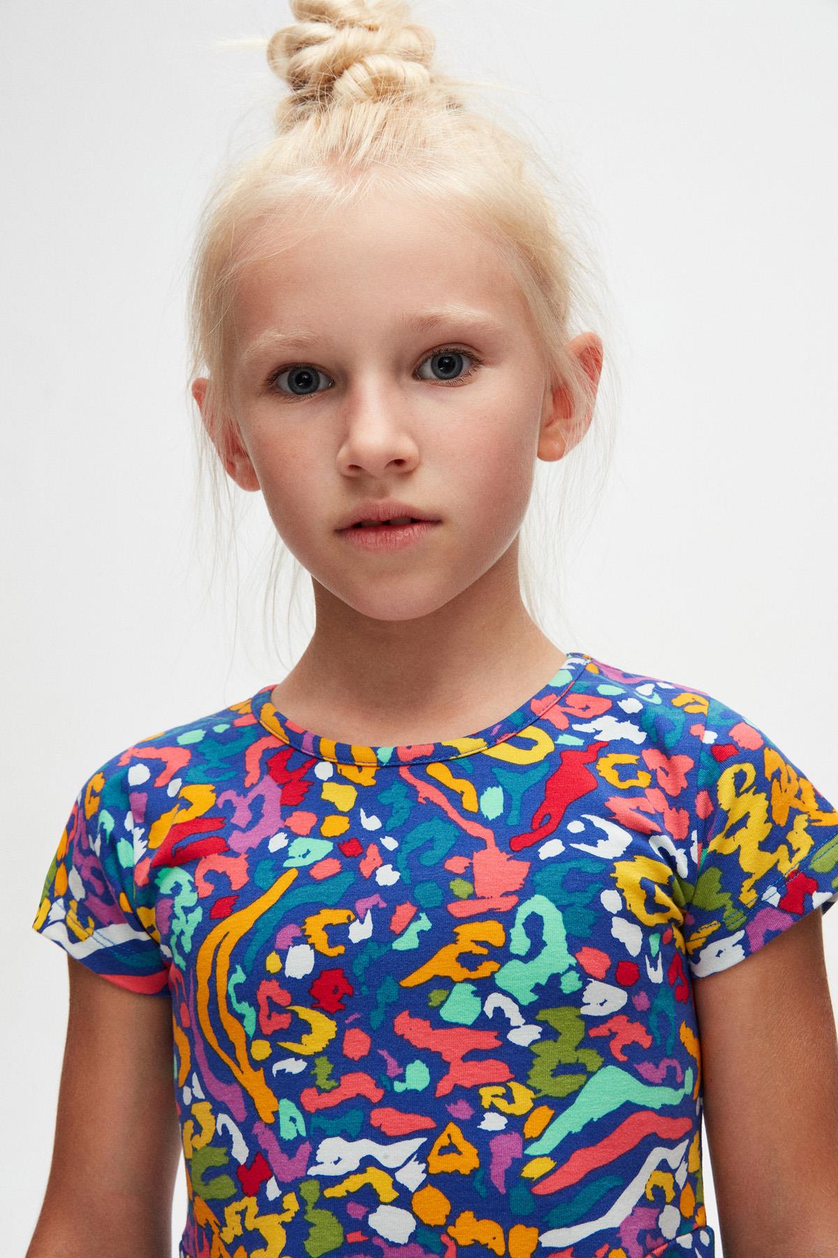 9777 Kids Yarım Kol Desenli Elbise 5-8 Yaş