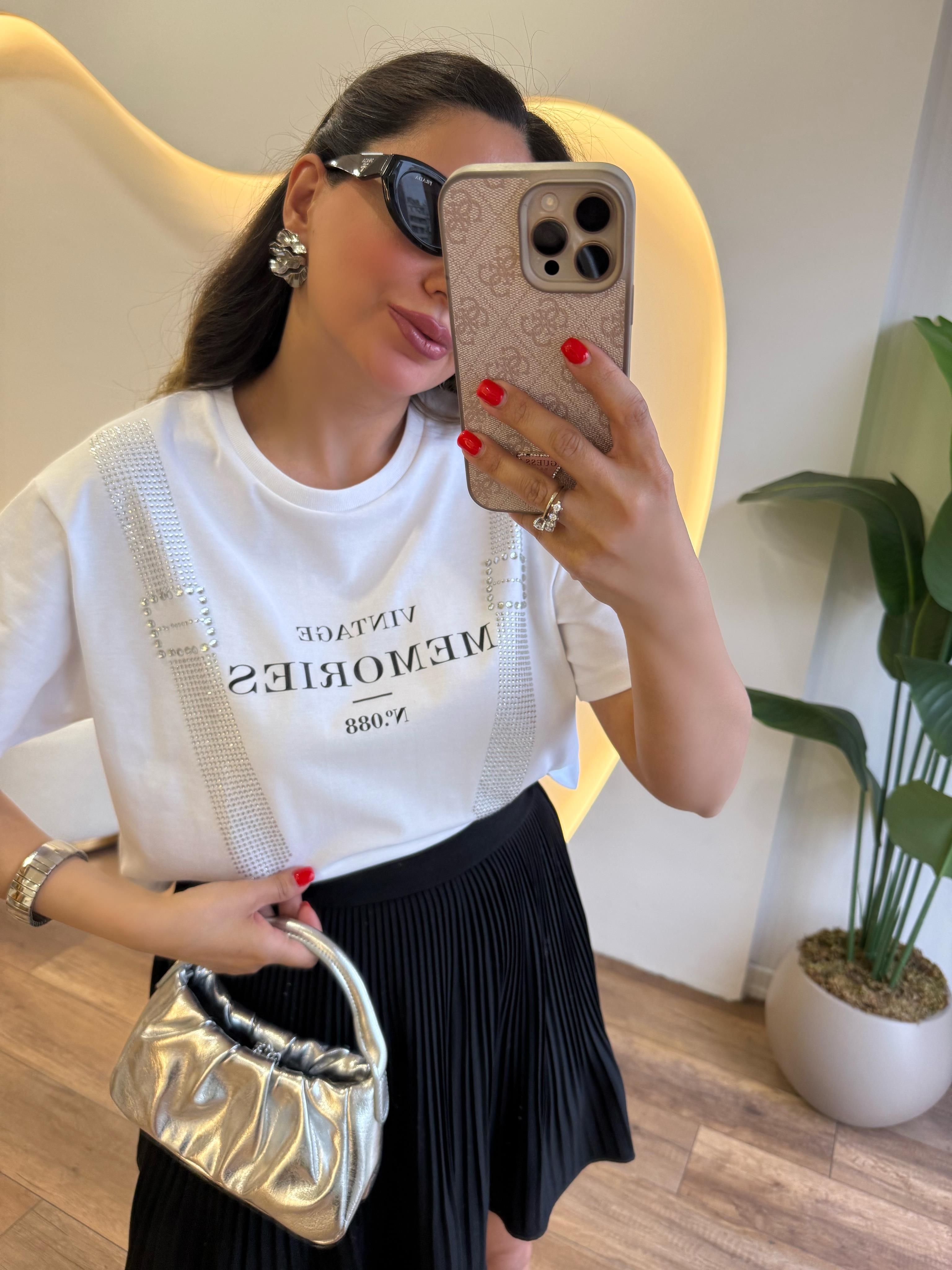 9792 Siyah Baskılı Şerit Taşlı Tshirt