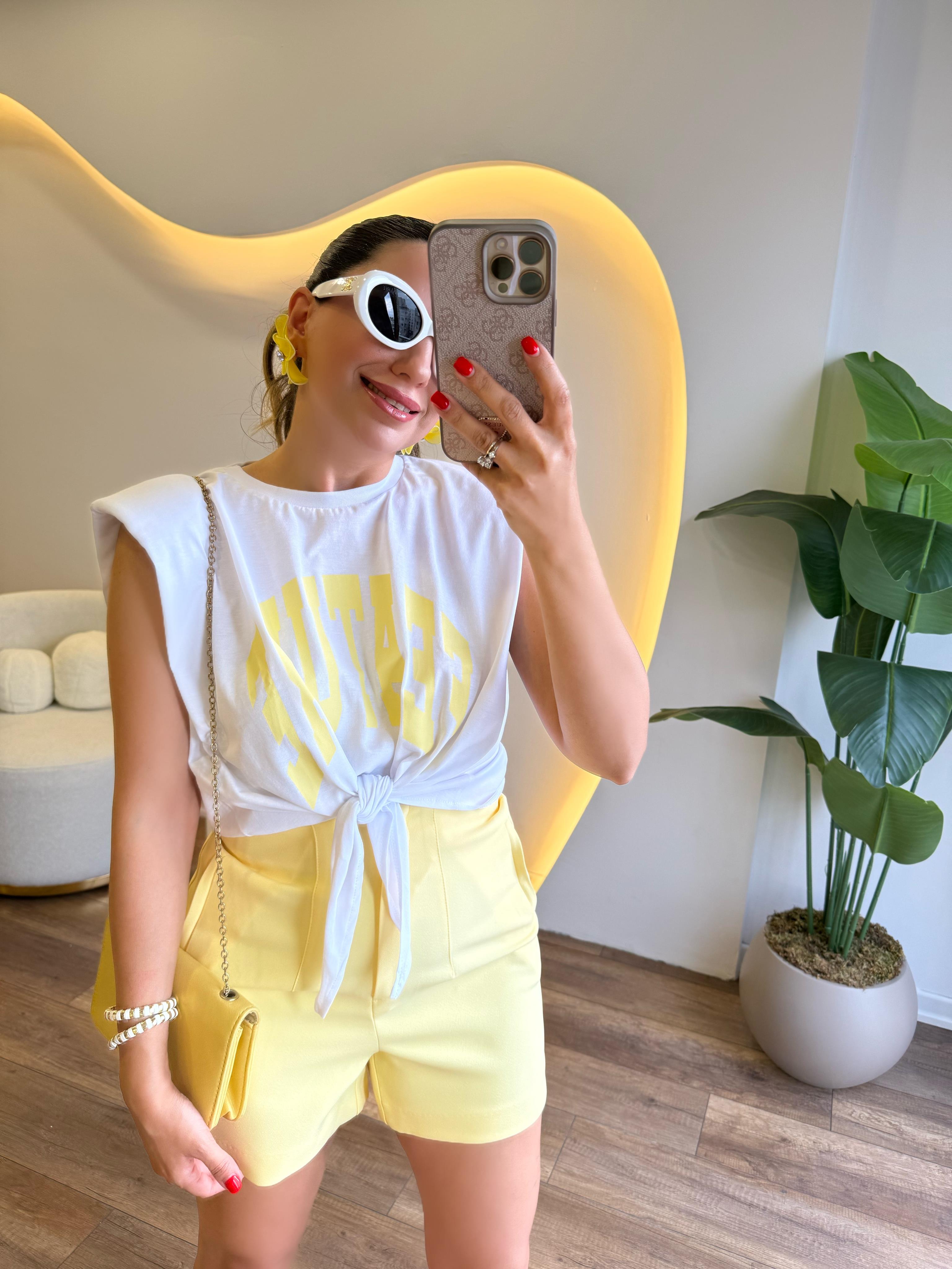 9810 Sarı Baskılı Önden Bağlamalı Tshirt