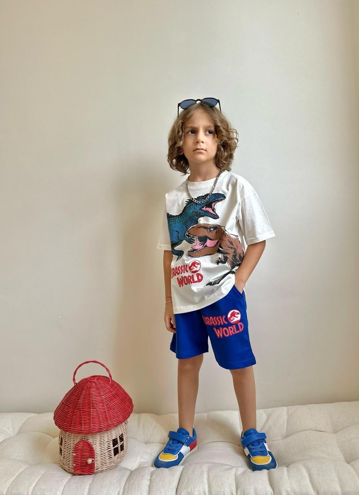 9835 Kids Dinazor Baskılı Şortlu Takım 3-4/9-10 Yaş