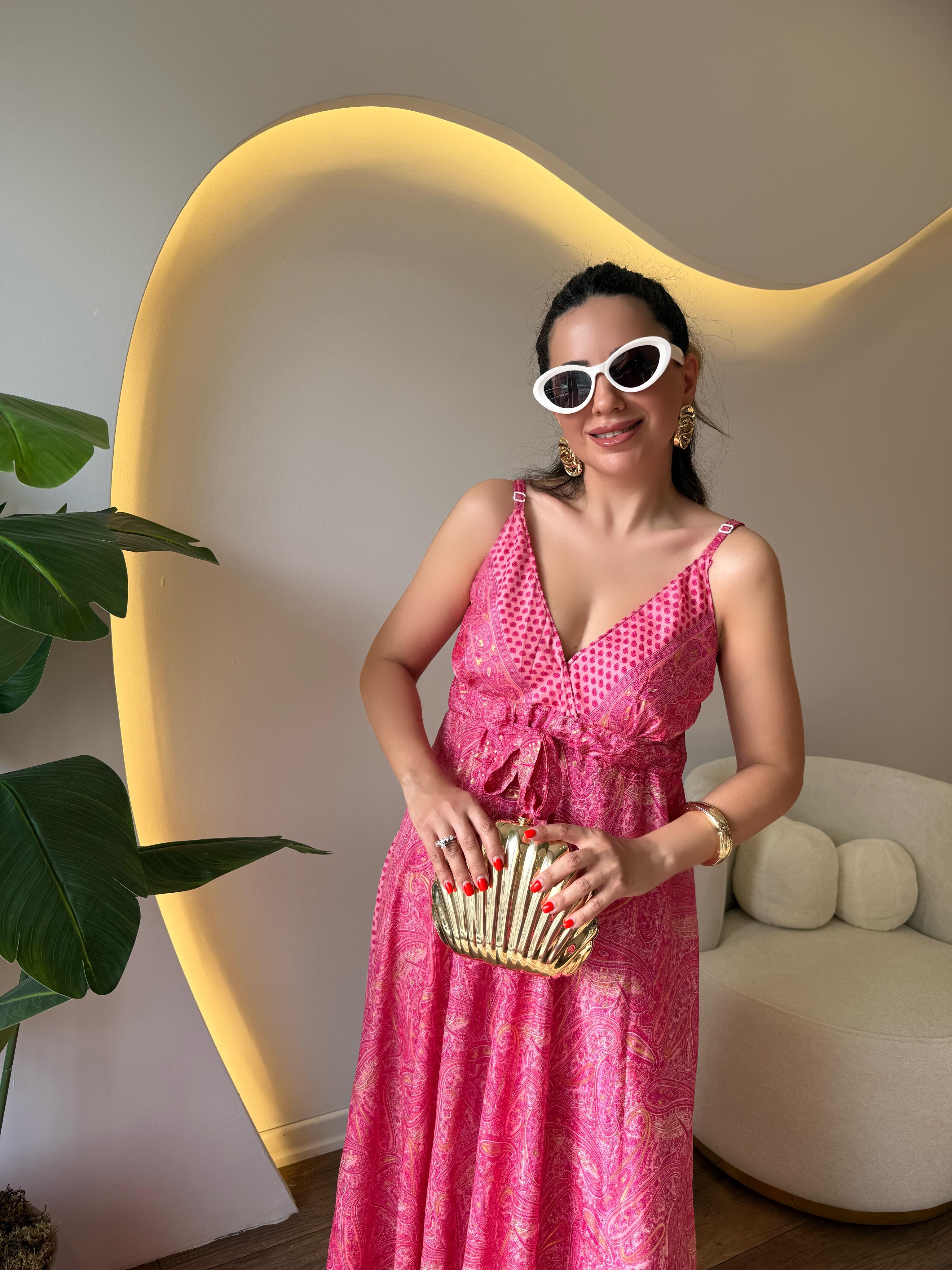 9884 Pembe Gold Detaylı Uzun Elbise
