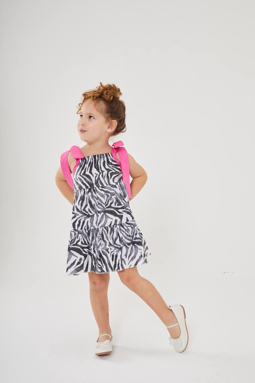 9919 Kids Zebra Desen Yazlık Elbise 2-3/7-8 Yaş
