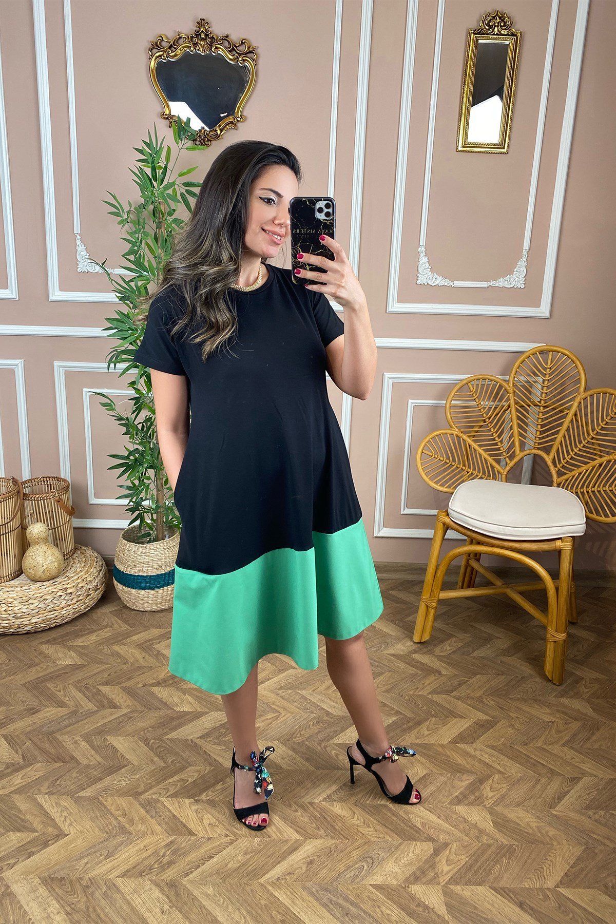 Altı Yeşil Çift Renk Elbise