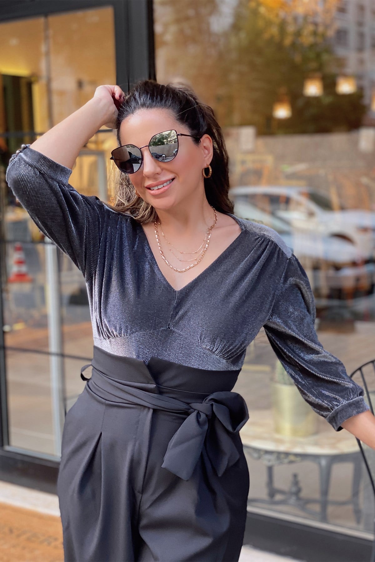 Antrasit Parlak Fitilli Bodysuit