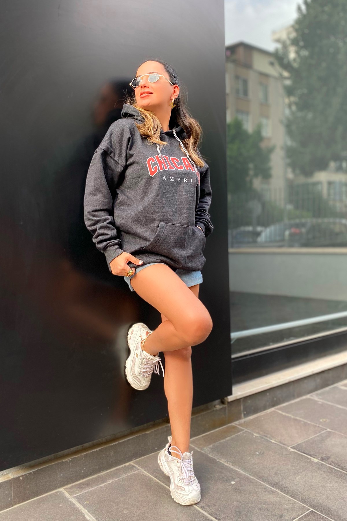Antrasit Yazı Baskılı Kapşonlu Sweatshirt