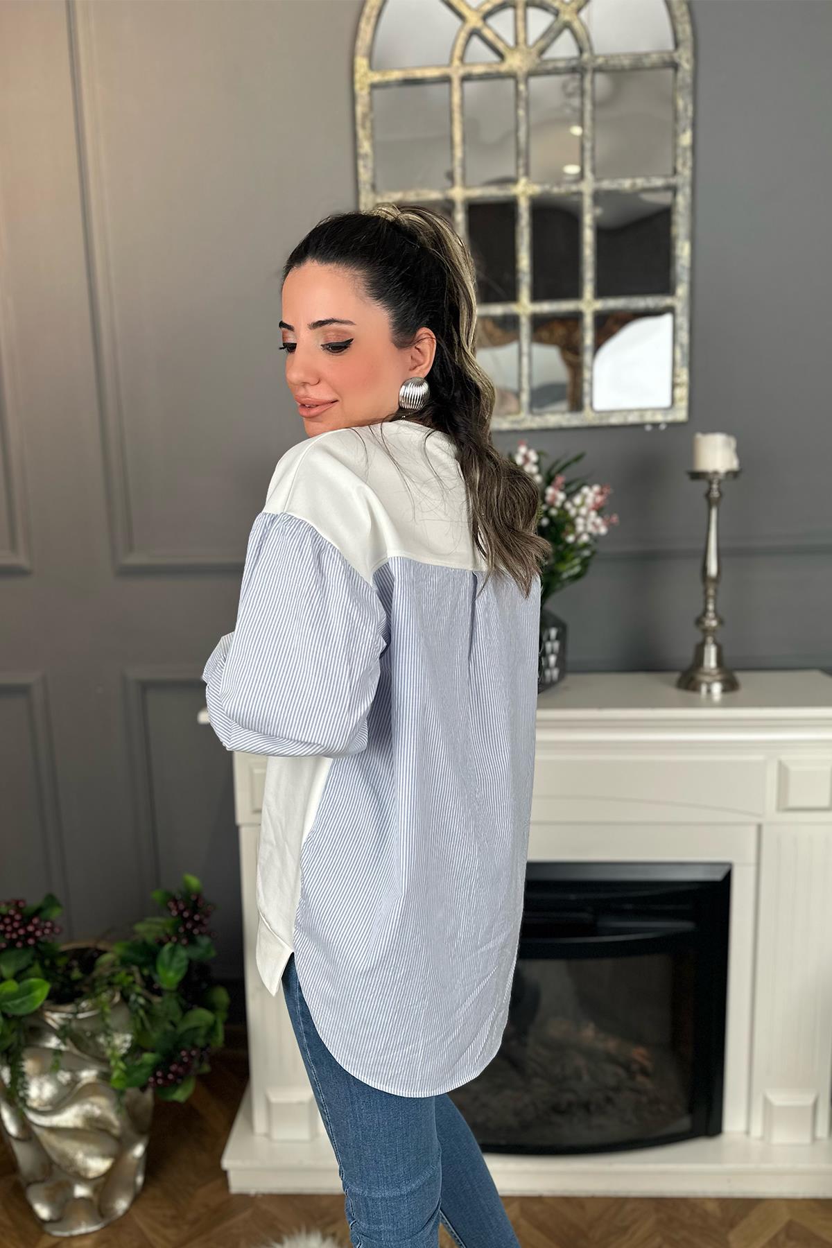 Arkası Çizgili Poplin Garnili Sweat