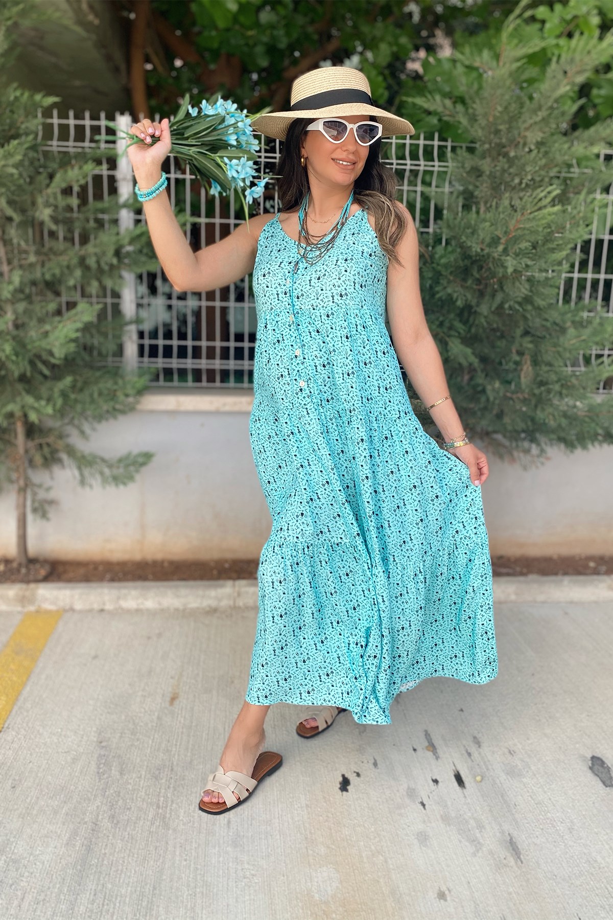Askısı Ayarlanabilir Mavi Desenli Elbise