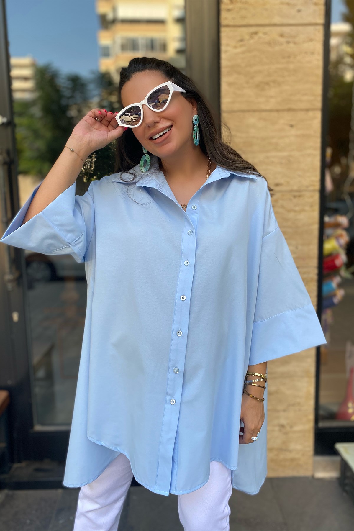 Bebe Mavi Oversize Poplin Gömlek