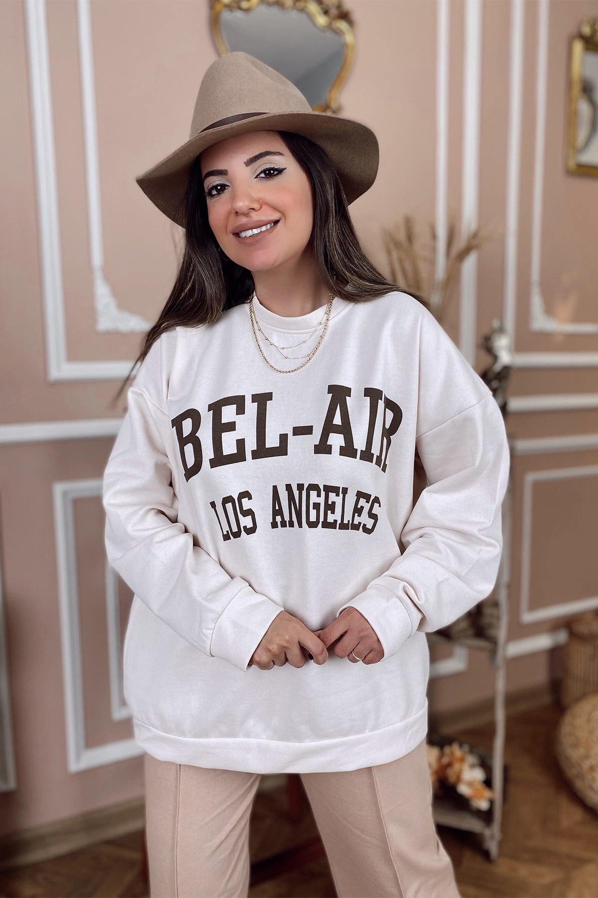 Bej Baskılı Sweatshirt
