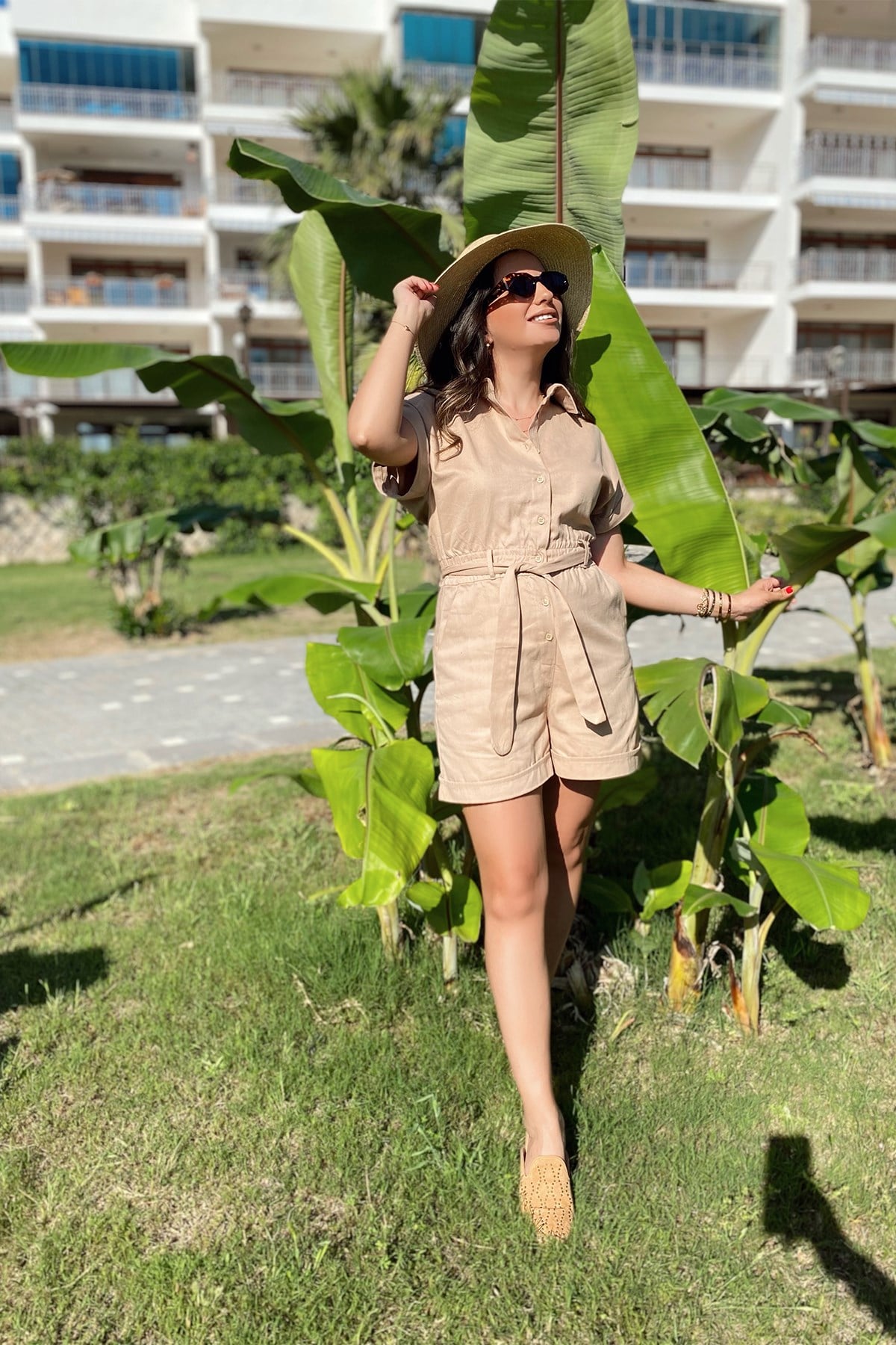 Bej Keten Şort Tulum