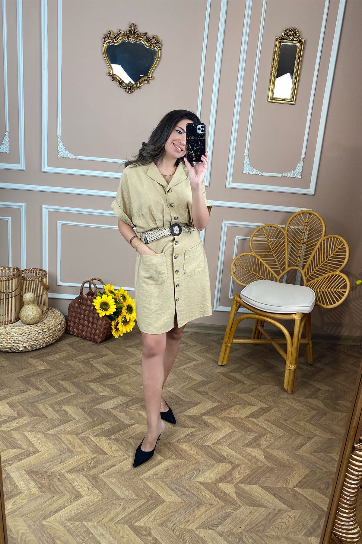Bej Keten Yarım Kol Elbise