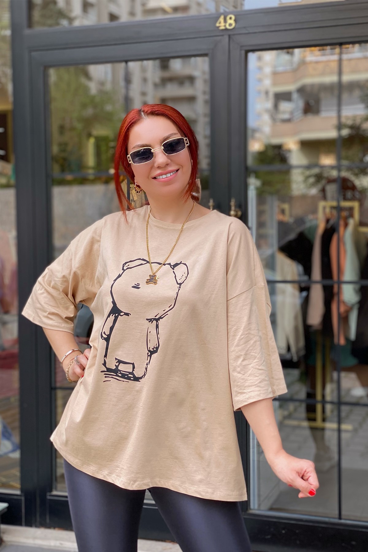 Bej Panda Baskılı Oversize Tshirt